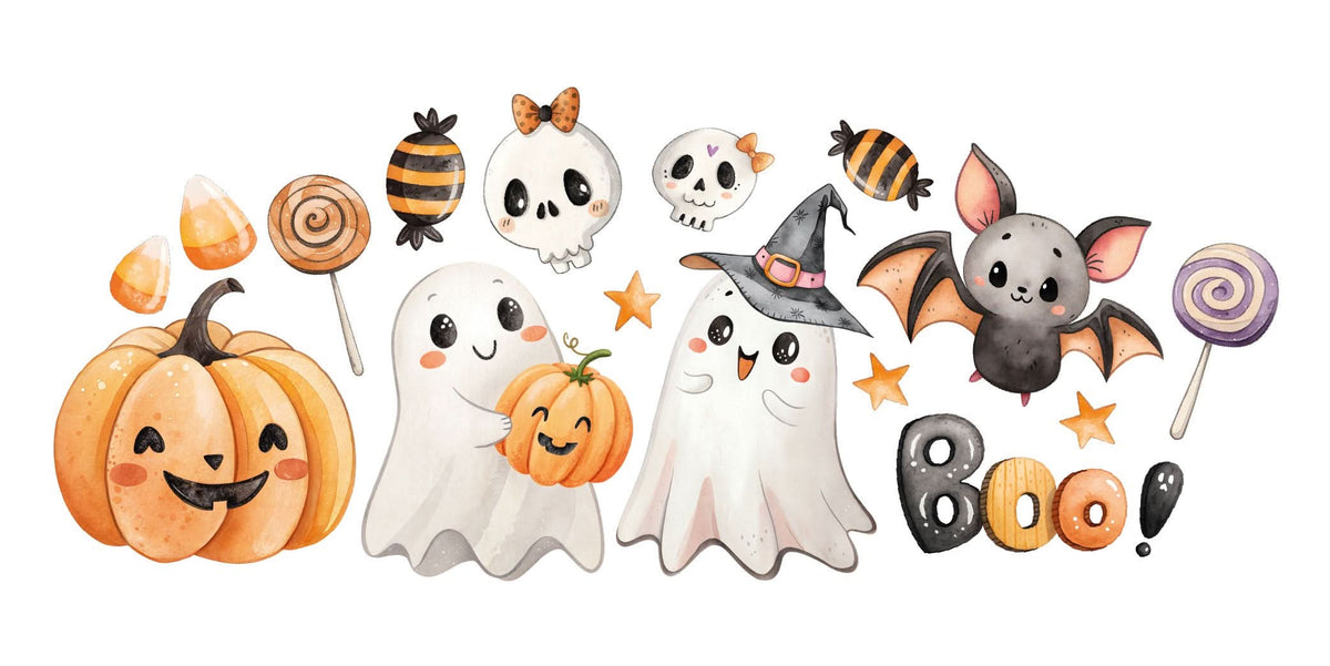 MINI Cute Halloween Bundle foamex party props with pastel ghosts, pumpkin, bat and sweets styled as a kids Halloween party display