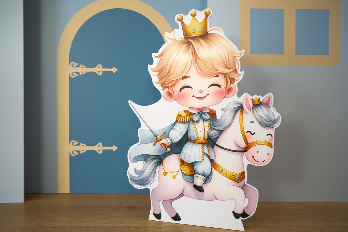 Knight cutout on horseback displayed with Knight Castle waterproof foamex castle set in background showing blue doors and arched windows medieval knight party prop