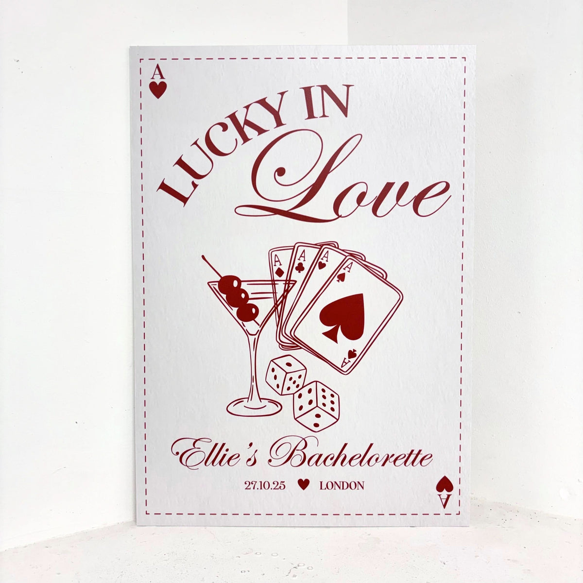 Lucky in Love Easel Sign with playing card design, martini glass, dice, and personalised bachelorette details - hen party waterproof foamex welcome sign by Zebra Print Events