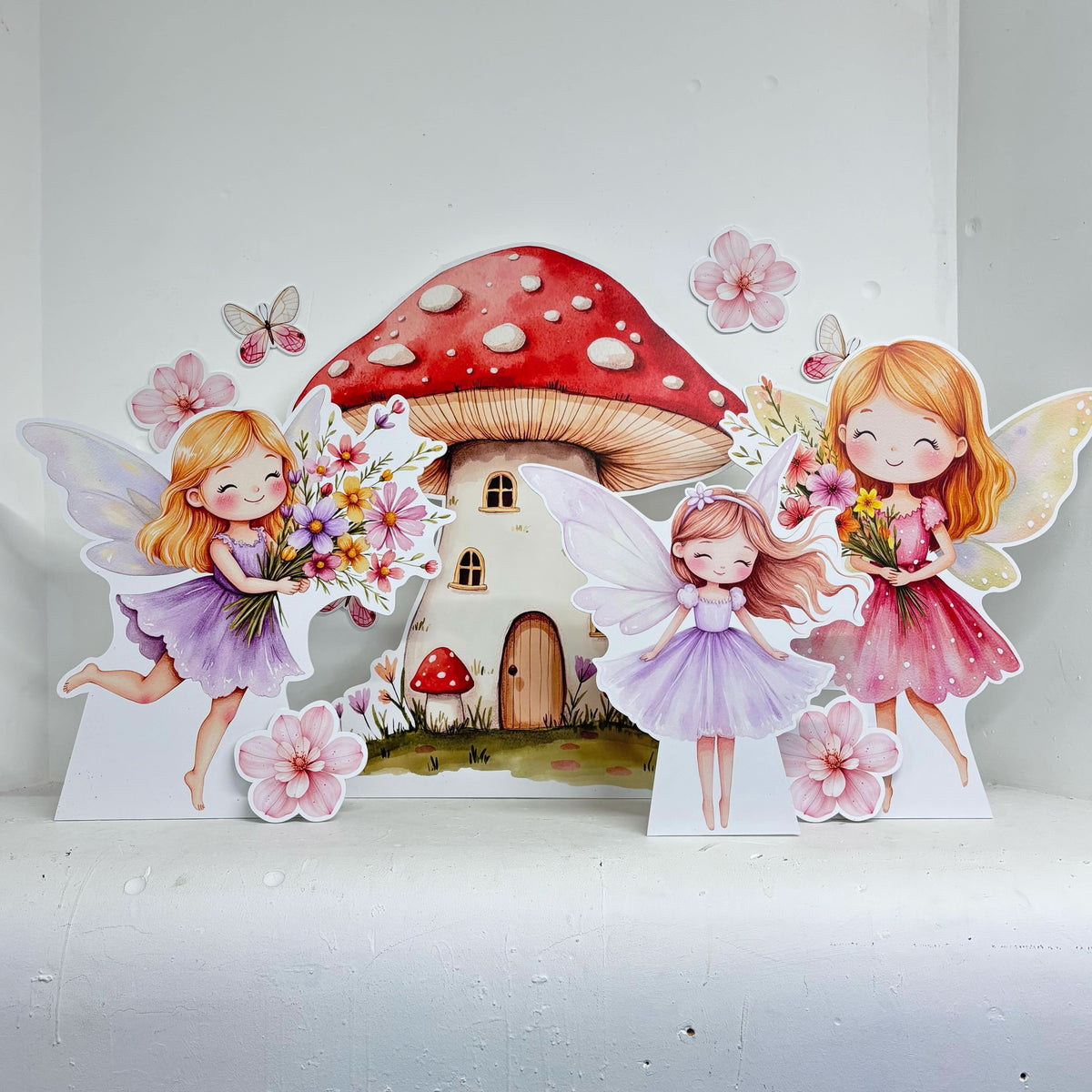 Mini Spring Fairies Bundle featuring personalised waterproof foamex cutouts including mushroom house, two flower fairies with wings, pink cherry blossoms, and butterfly decorations
