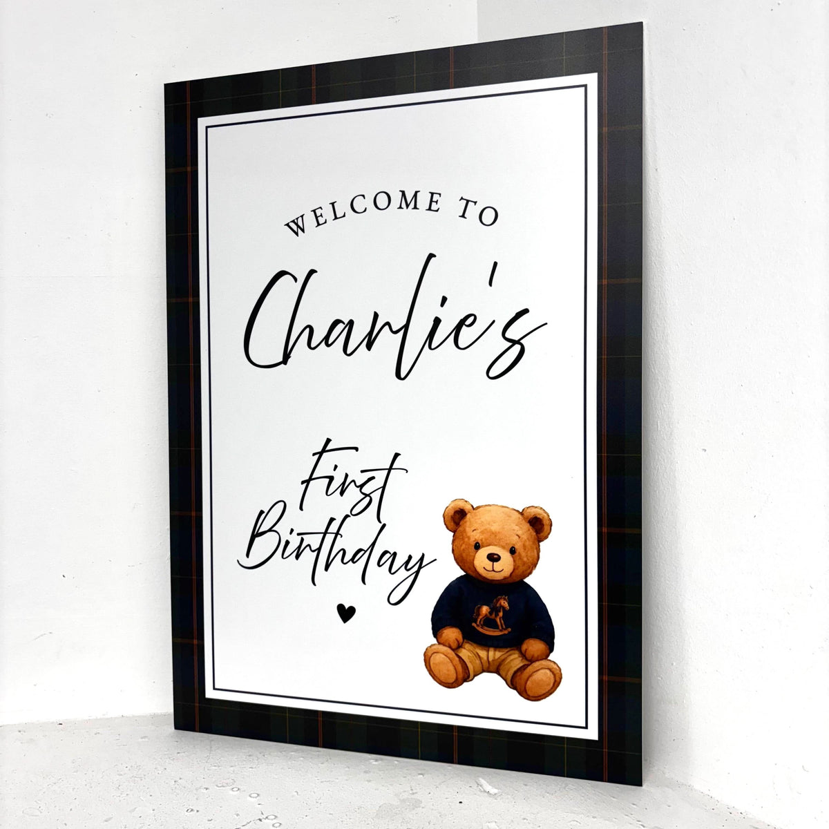 Personalised Vintage Bear first birthday easel sign close-up with tartan frame and cute teddy bear illustration - waterproof foamex party sign by Zebra Print Events