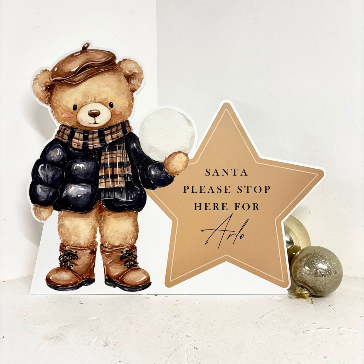 Personalised Santa Stop Here Sign - Vintage Bear Edition - Front View | Zebra Print