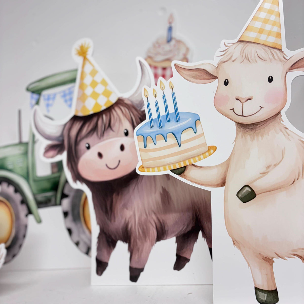 Mini Barnyard Birthday Bundle featuring personalised waterproof foamex cutouts including highland cow, goat, tractor, and birthday cake with party hats