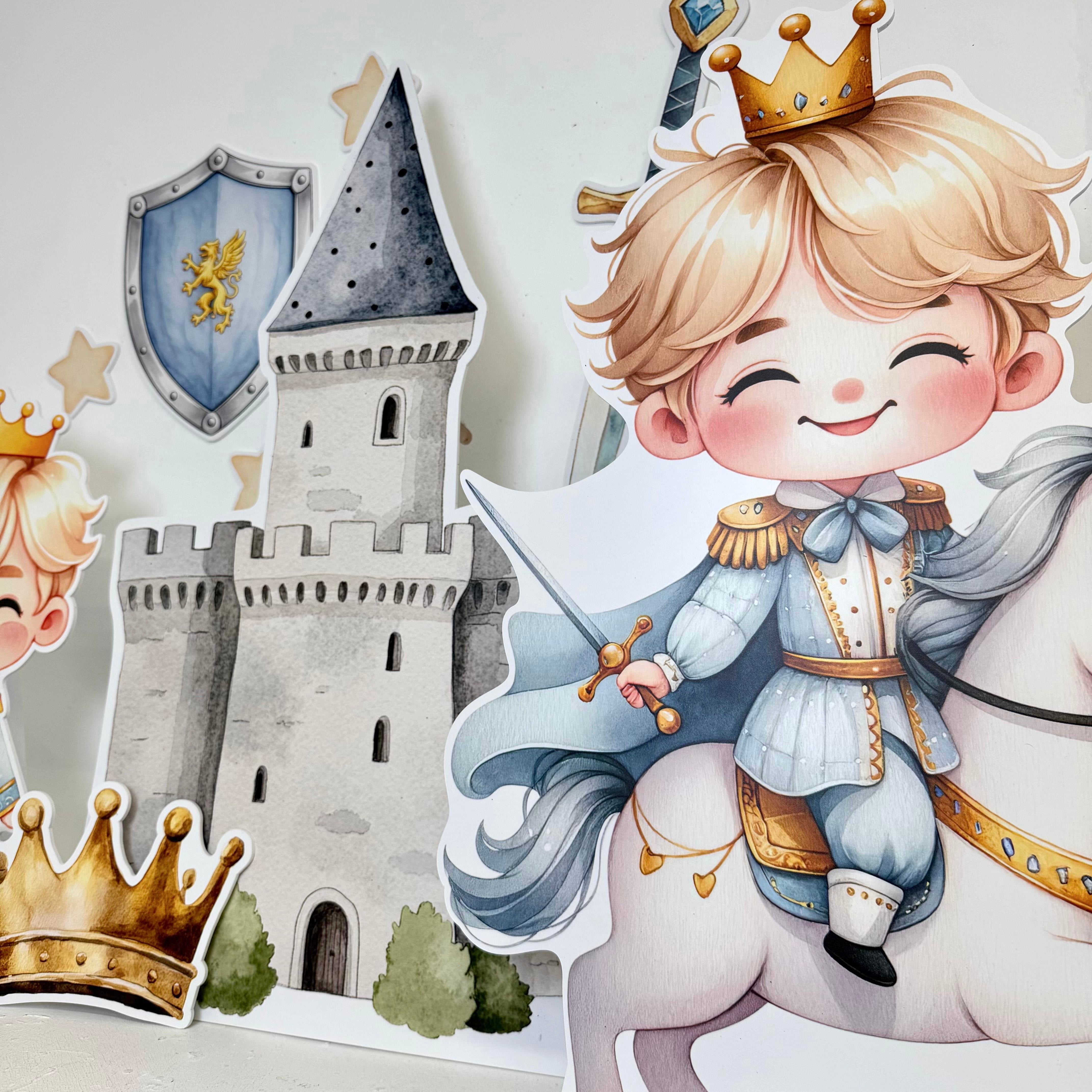 MINI Little Prince Bundle – mini cutout props including prince on horse, castle and princess figures for royal themed parties by Zebra Print Events