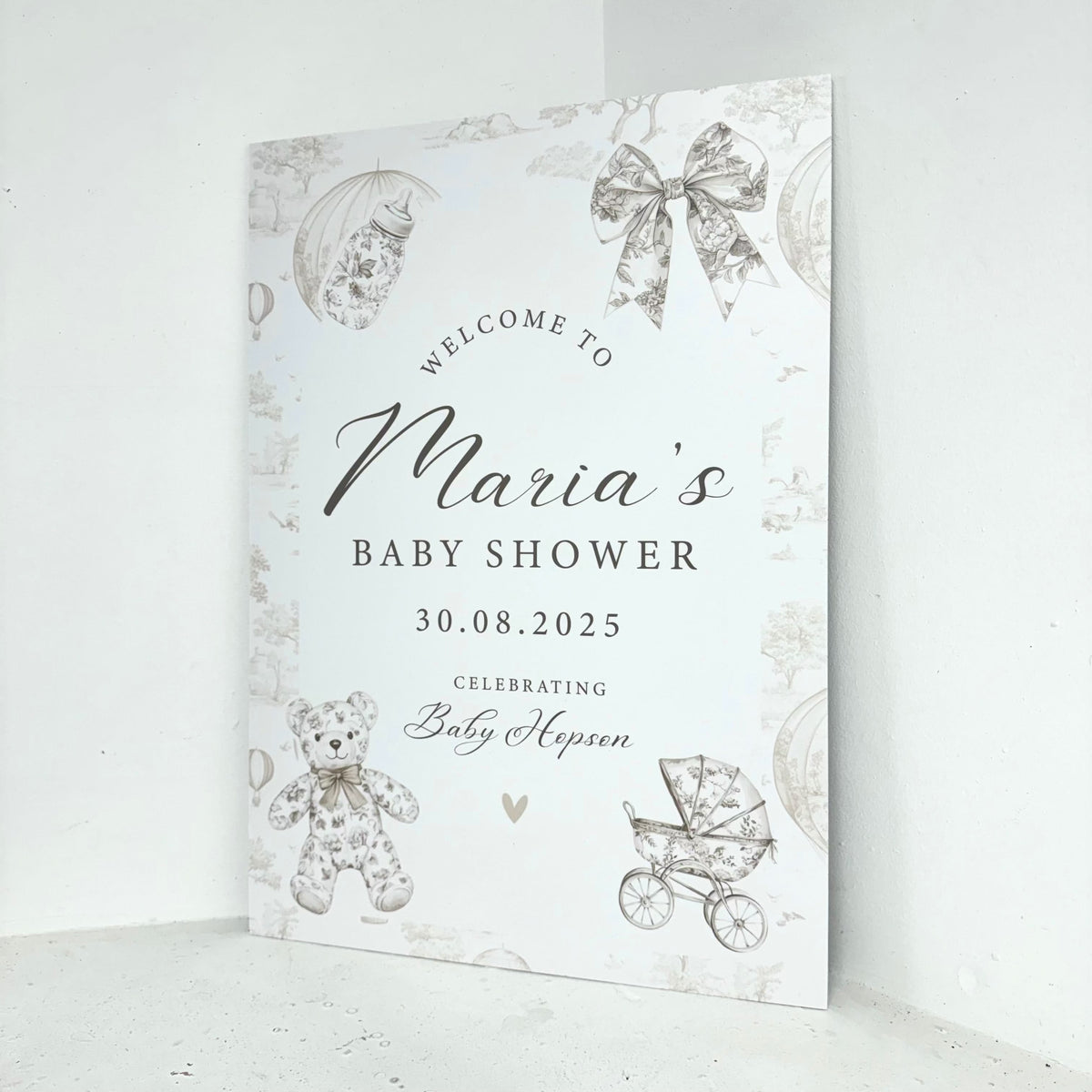 Personalised Cream Baby Shower easel sign close-up with elegant neutral design, teddy bear, pram, and custom details - waterproof foamex sign by Zebra Print Events