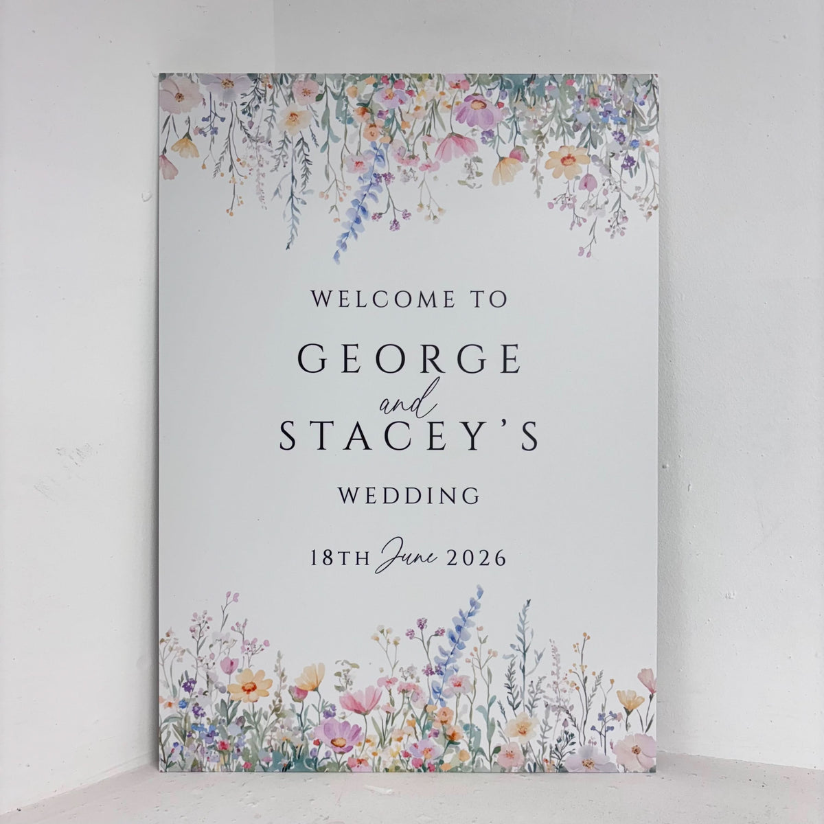 Floral Wedding personalised easel sign with wildflower border and custom names and date on waterproof foamex board by Zebra Print Events