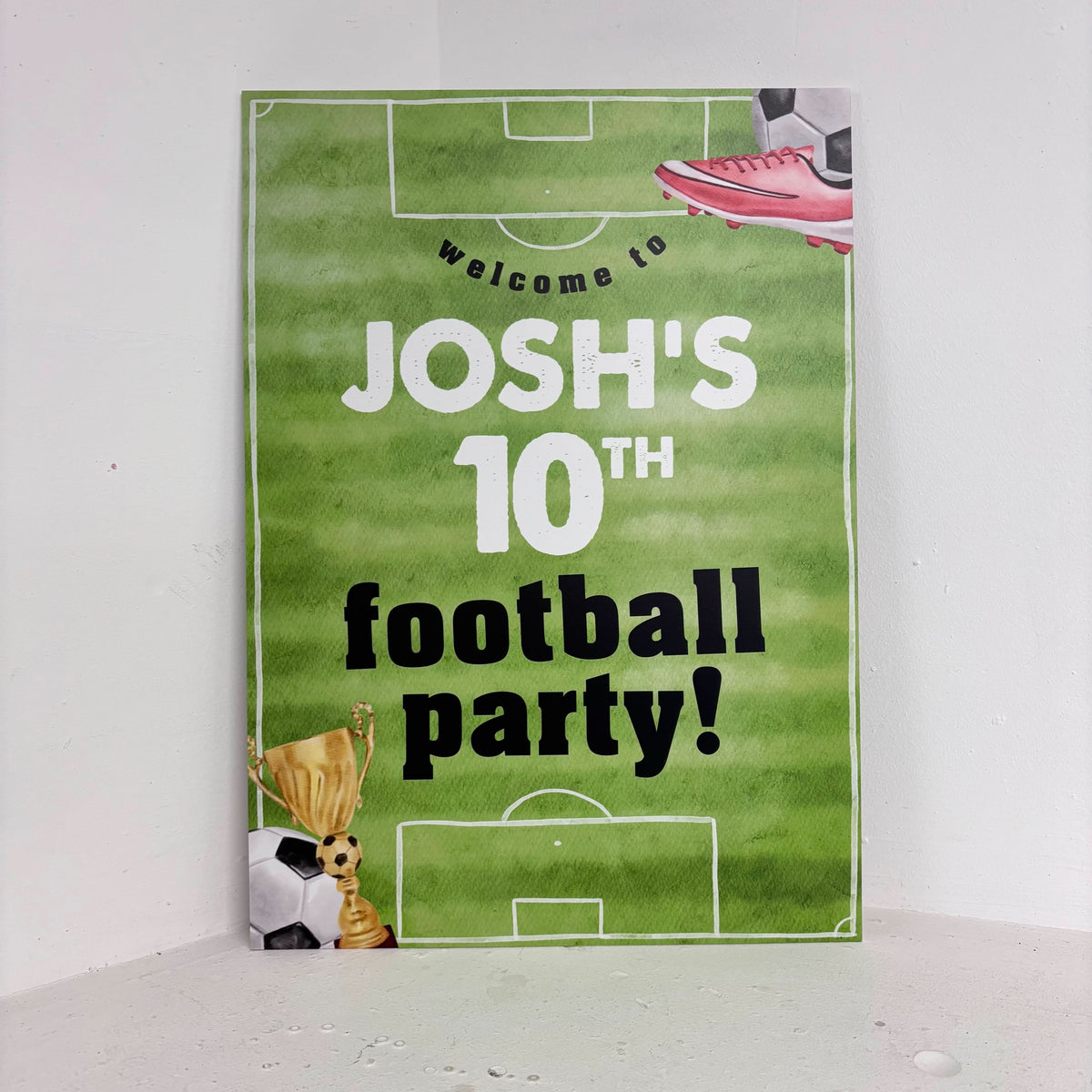 Football Party personalised birthday easel sign with green football pitch design and custom name on waterproof foamex board by Zebra Print Events