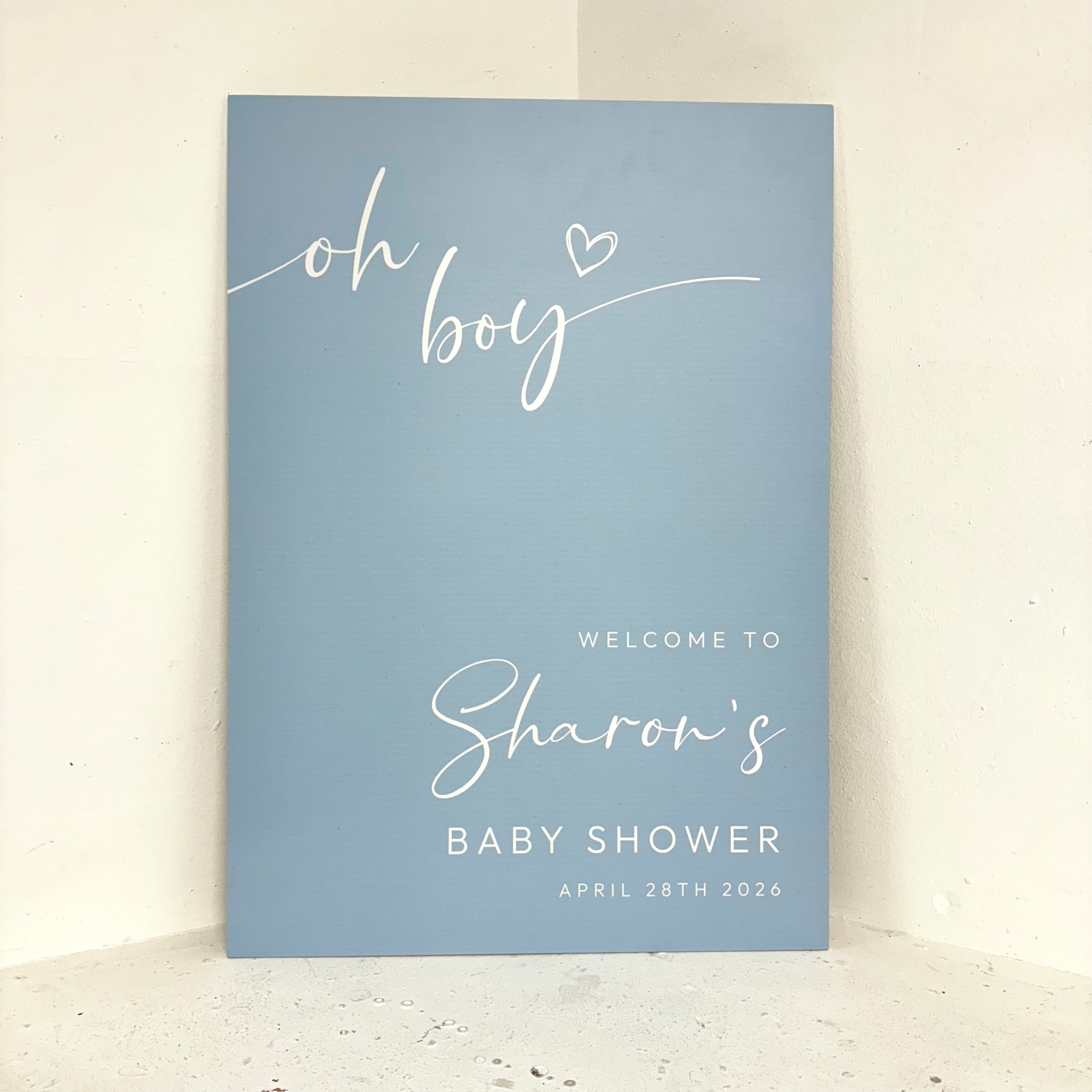 Oh Boy personalised baby shower welcome easel sign in dusty blue with custom name and date printed on waterproof foamex board