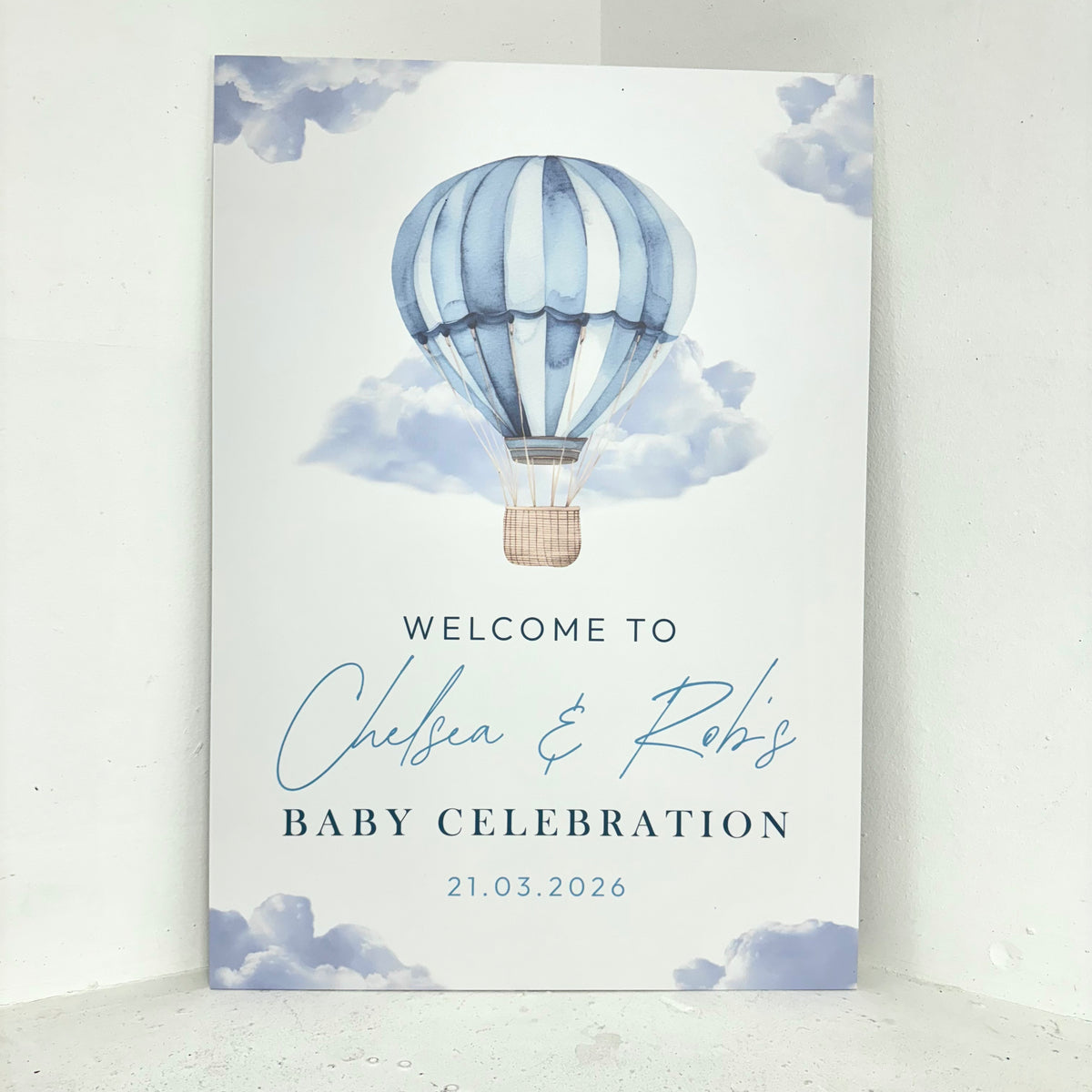 Blue hot air balloon baby celebration personalised foamex easel sign with custom names and date by Zebra Print Events