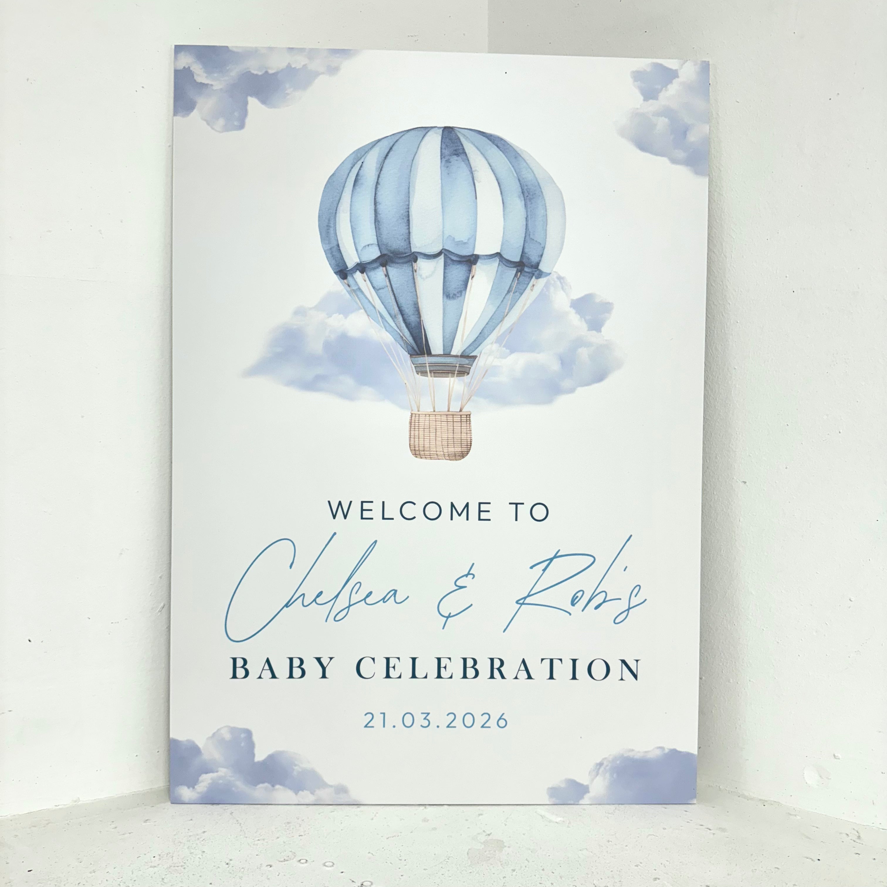 Blue hot air balloon baby celebration personalised foamex easel sign with custom names and date by Zebra Print Events