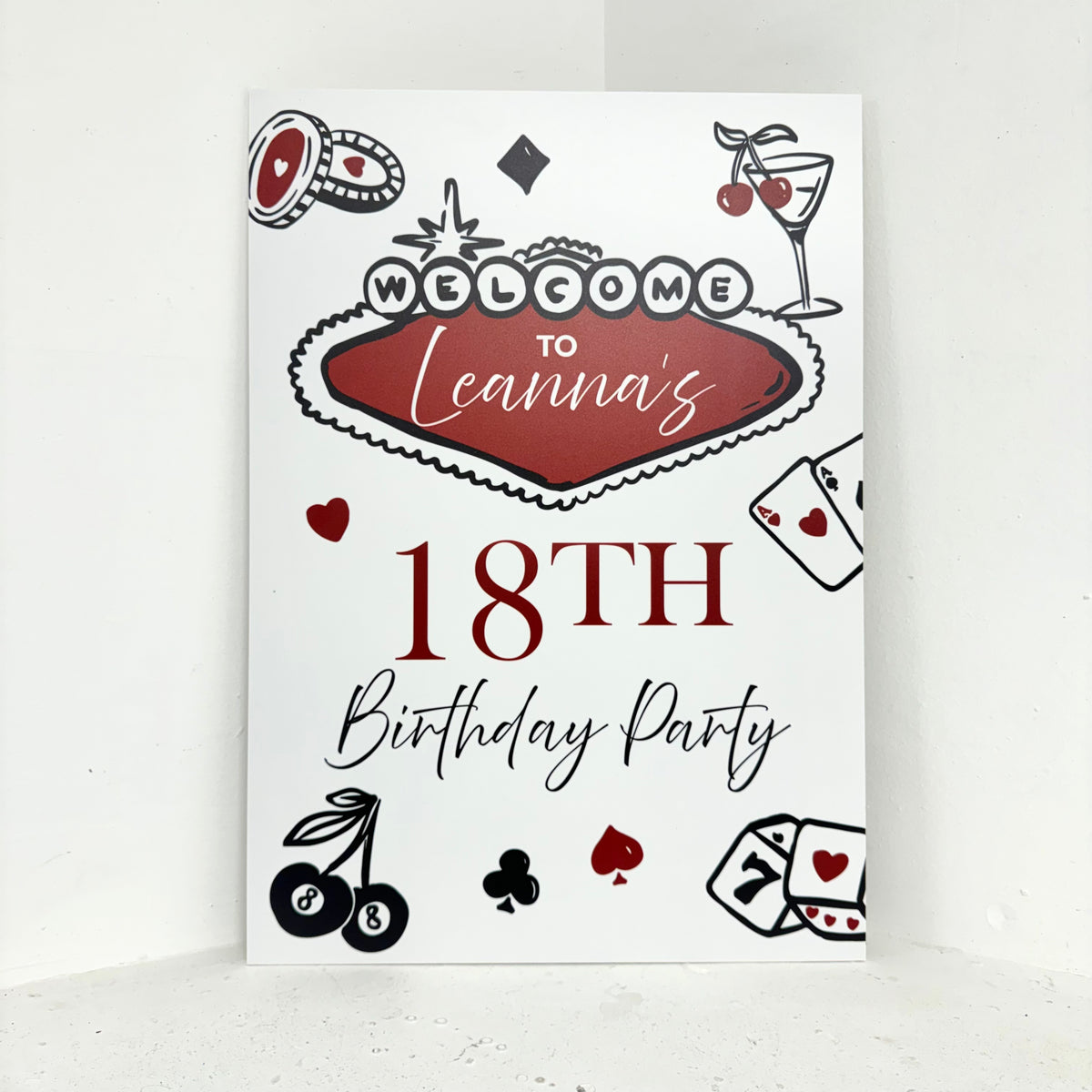 Las Vegas themed personalised birthday party easel sign printed on premium waterproof foamex by Zebra Print Events