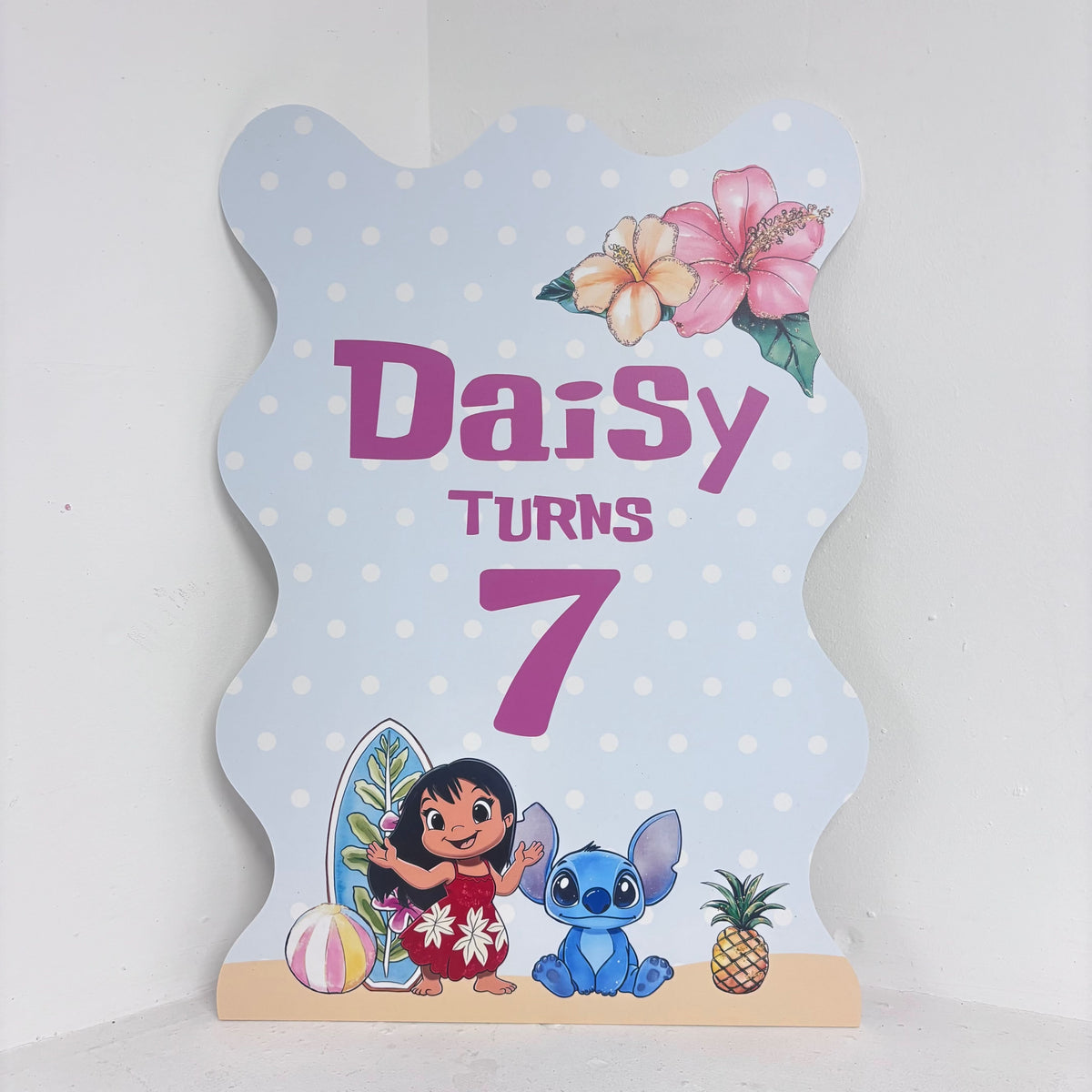 Tropical Monster personalised birthday easel sign with tropical flowers and fun characters on waterproof foamex board by Zebra Print Events