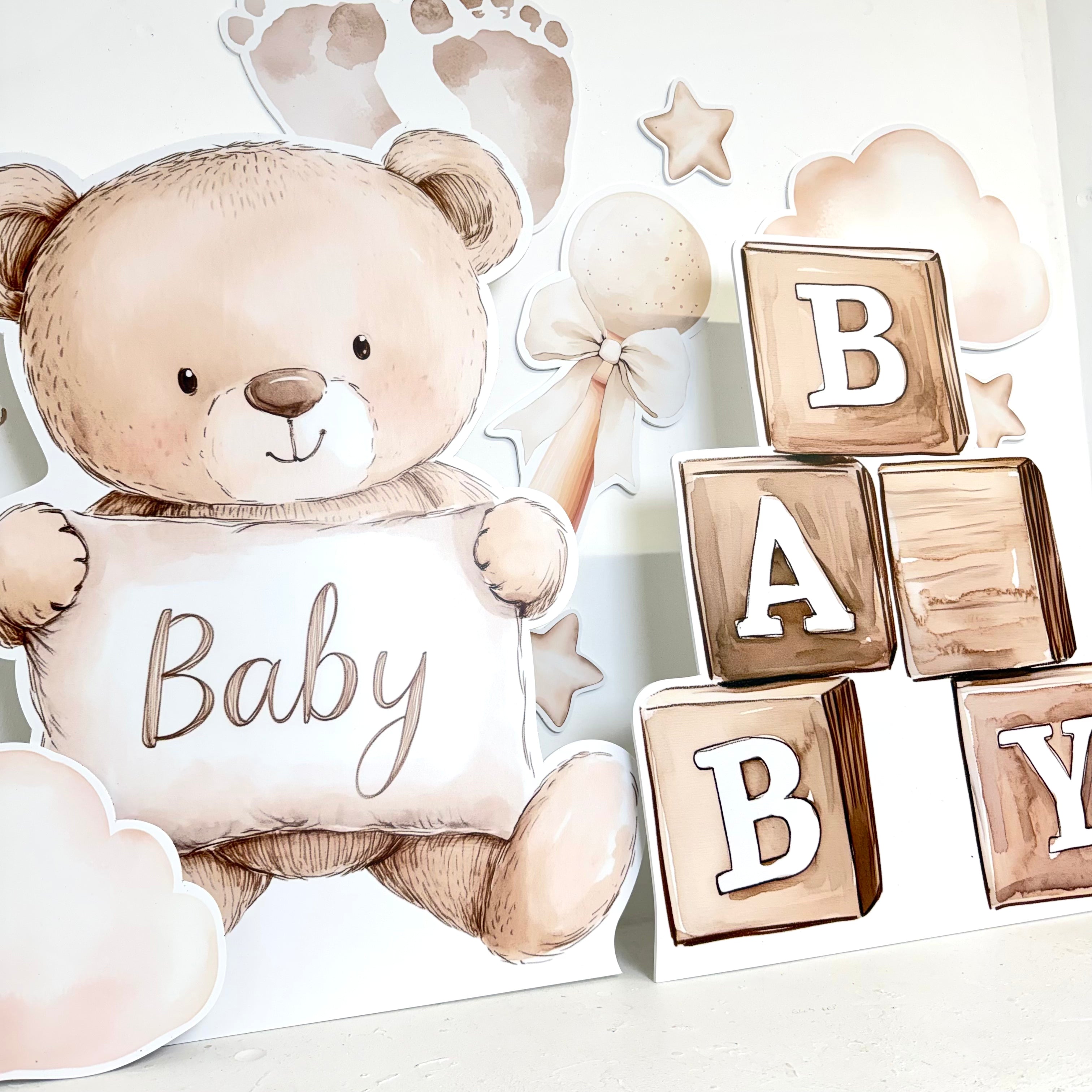 Little Bear mini cutout bundle with cute teddy bear prop, BABY letter blocks and footprint cutouts, perfect for baby shower and first birthday party decorations
