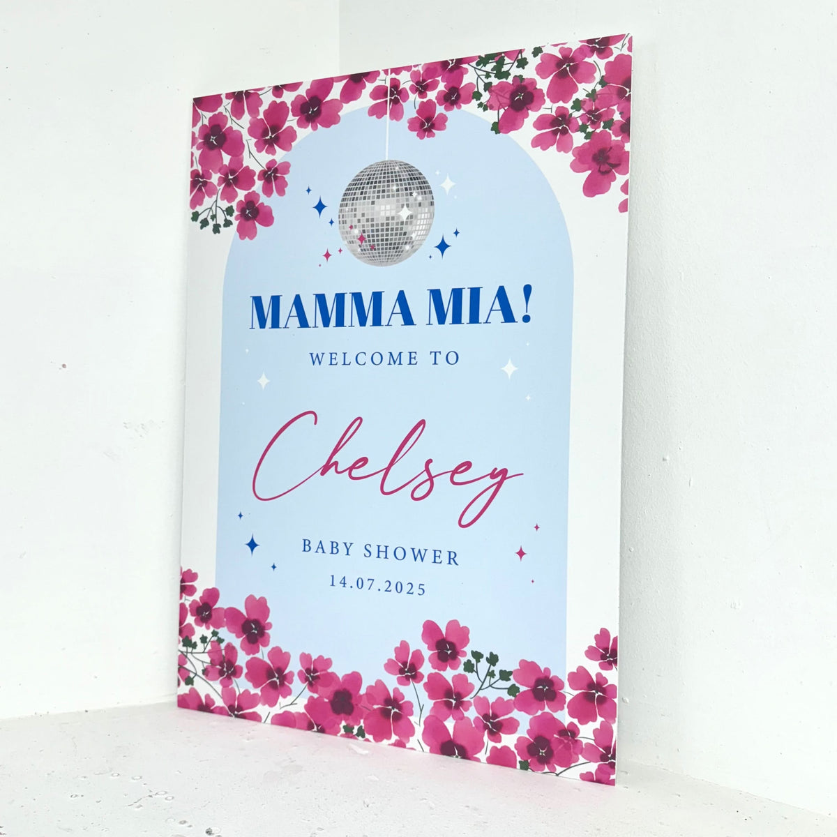 Greek Baby Shower easel sign angled view showing Mamma Mia design with personalised name and date on freestanding foamex board