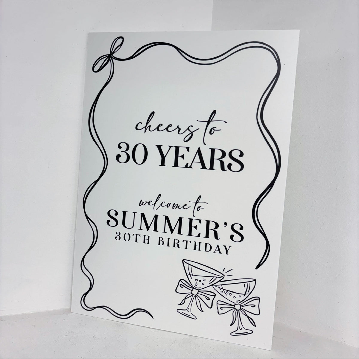 Close-up of Age Birthday personalised welcome sign with cheers to 30 years text, cocktail glasses and custom name on waterproof foamex board