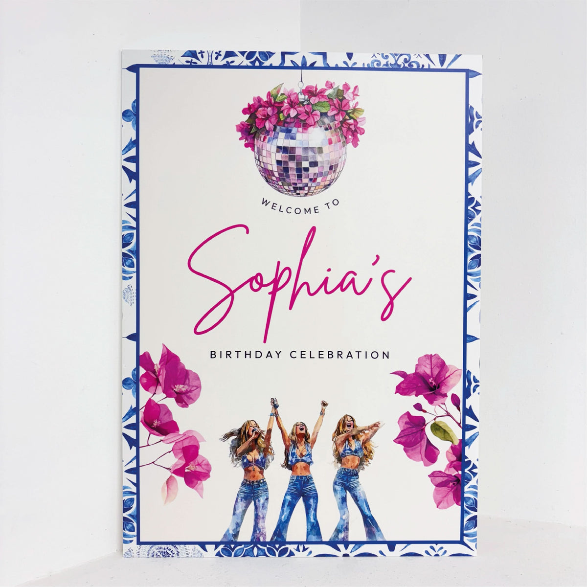 Greek Birthday easel sign with disco ball, dancing women, pink bougainvillea flowers, and blue Greek tile border, personalised with name for a birthday celebration