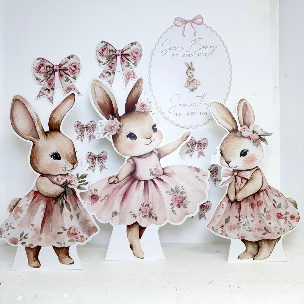 Some Bunny Turns One mini cutout bundle - UK-made premium foamex bunny party props by Zebra Print Events