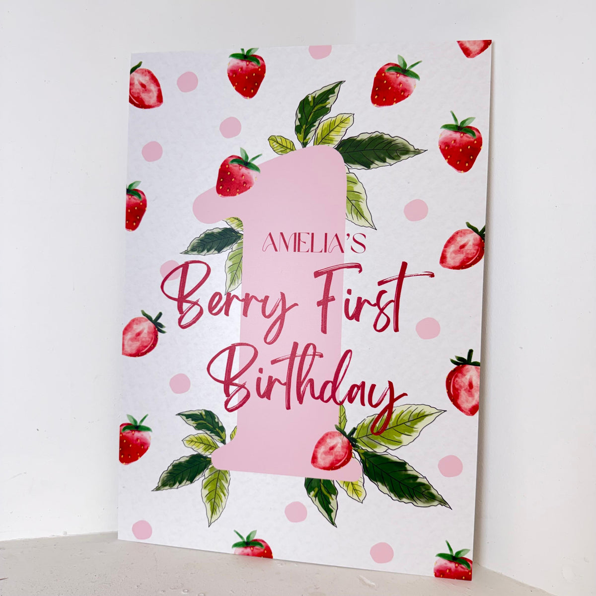 Berry 1st Birthday Easel Sign with strawberry design and personalised name - Berry First Birthday waterproof foamex welcome sign by Zebra Print Events