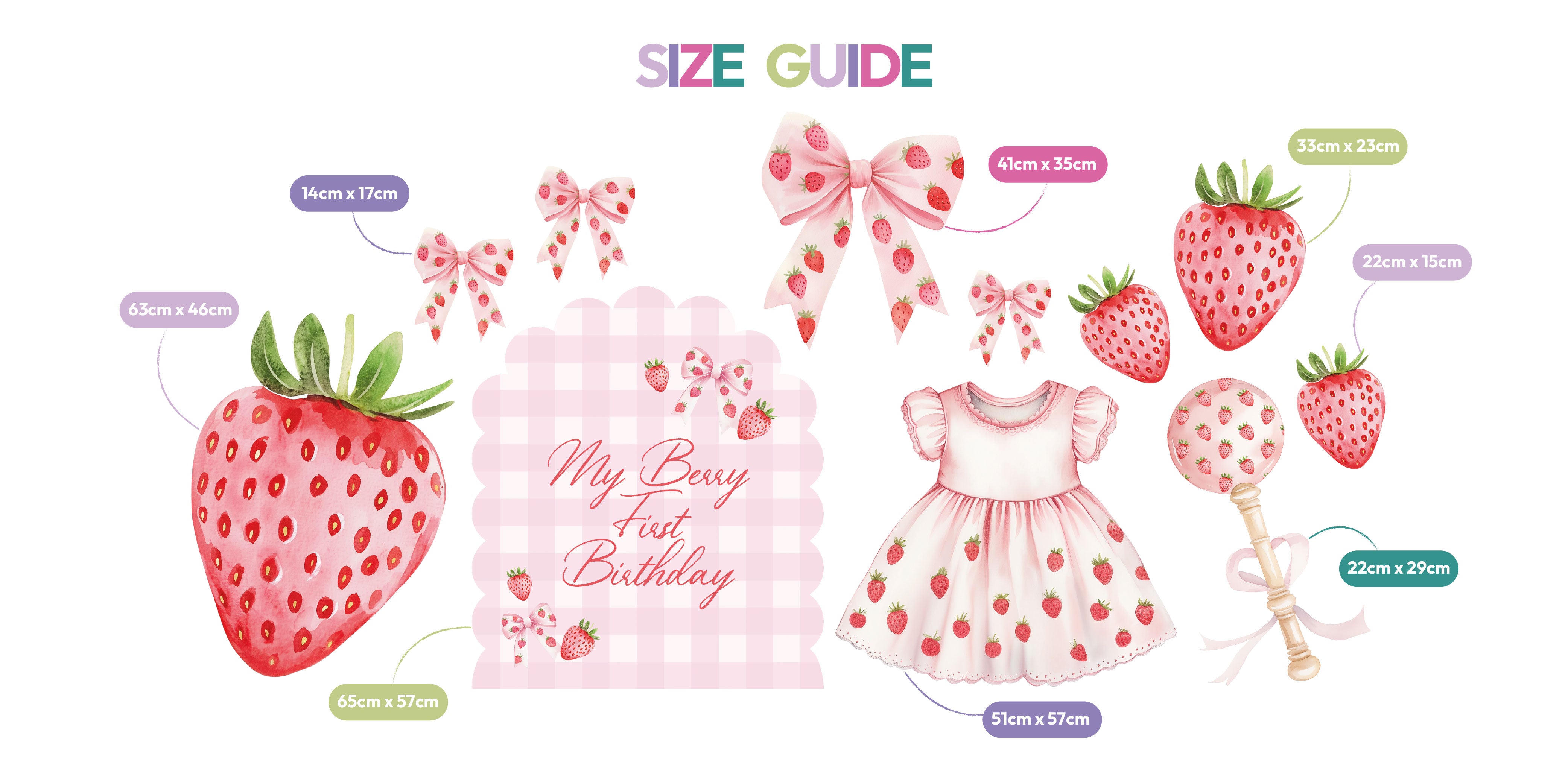 All Mini Berry First Birthday waterproof foamex cutouts size guide showing scallop sign, large strawberry, dress, bows, and strawberry decorations with dimensions