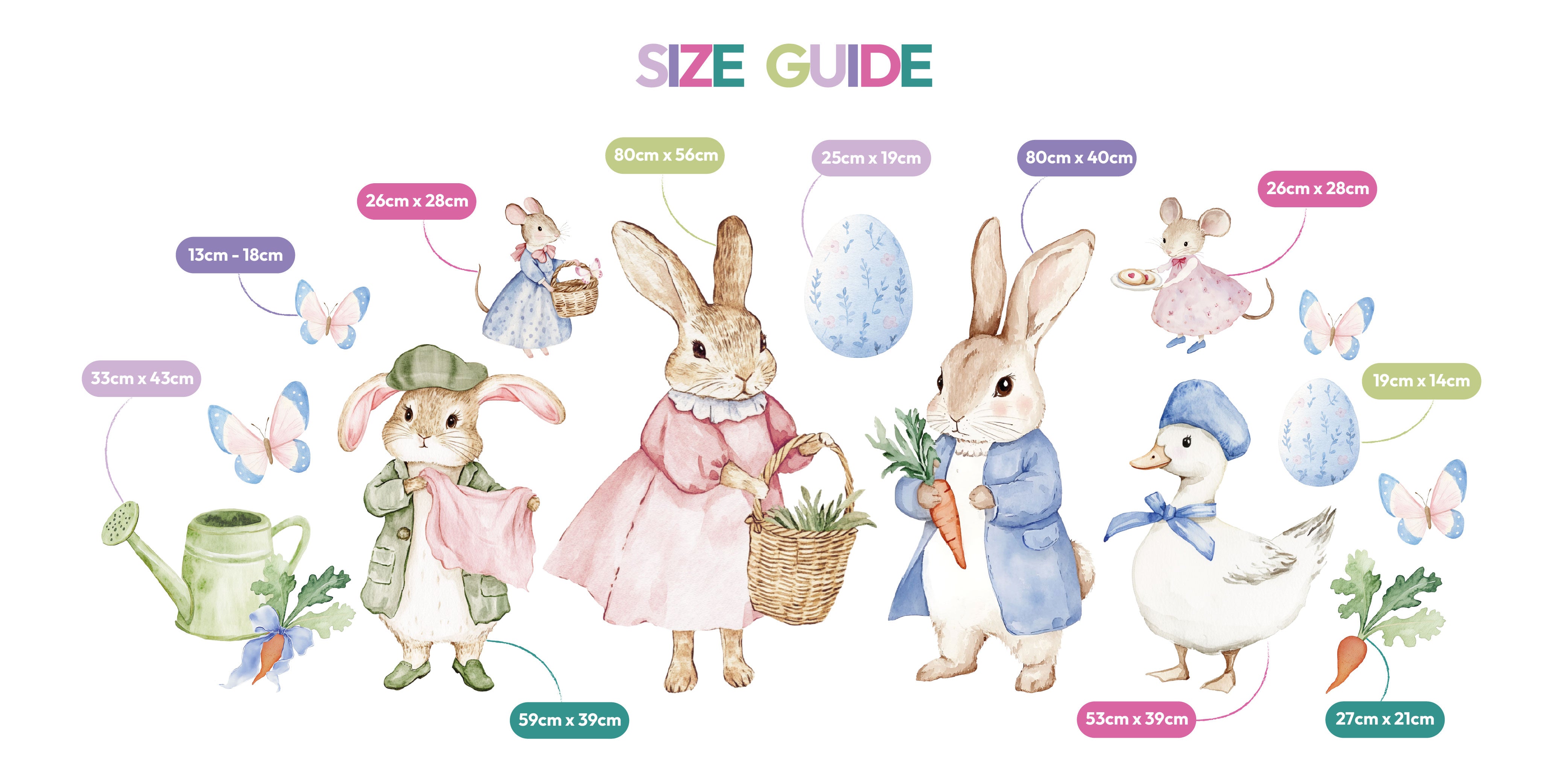 All Mini Cottontail Spring waterproof foamex cutouts size guide showing rabbits, duck, watering can, butterflies, carrots, and mouse with dimensions
