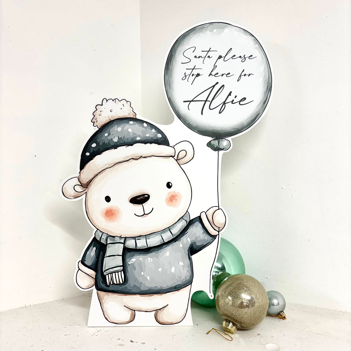 Personalised Santa Stop Here Sign - Polar Bear Edition - Front View | Zebra Print