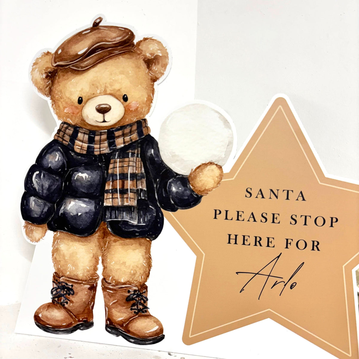 Personalised Santa Stop Here Sign - Vintage Bear Edition - Lifestyle Photo | Zebra Print