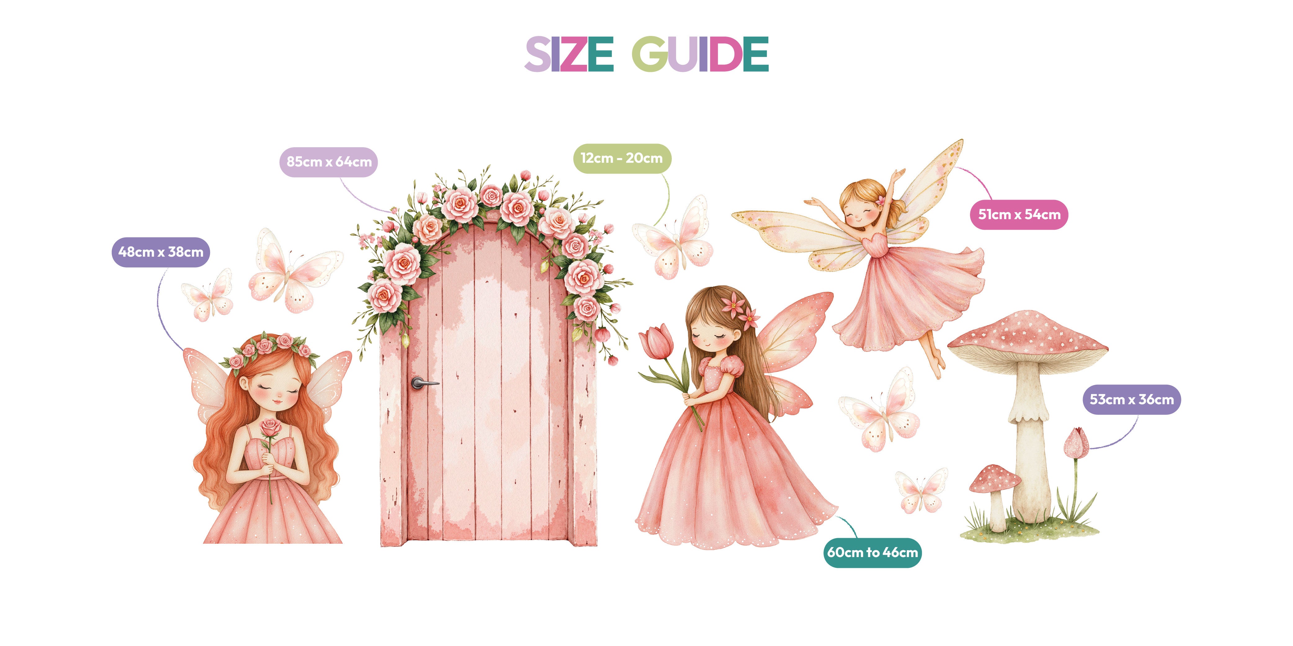 Size guide for Mini Fairytale Princess Bundle showing dimensions of each waterproof foamex cutout including fairy door, fairy holding flower, flying fairy, mushroom, and butterfly