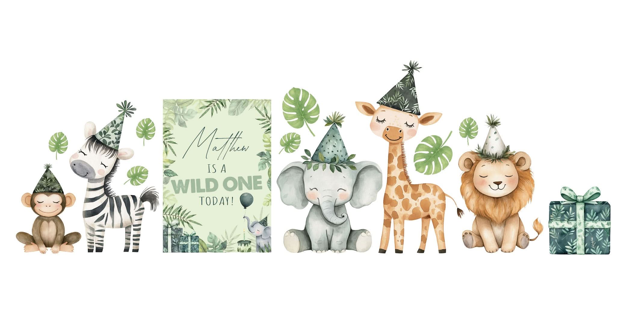 All Mini First Birthday Wild One waterproof foamex cutouts displayed individually including zebra, personalised sign, elephant, giraffe, monkey, lion, and gift box