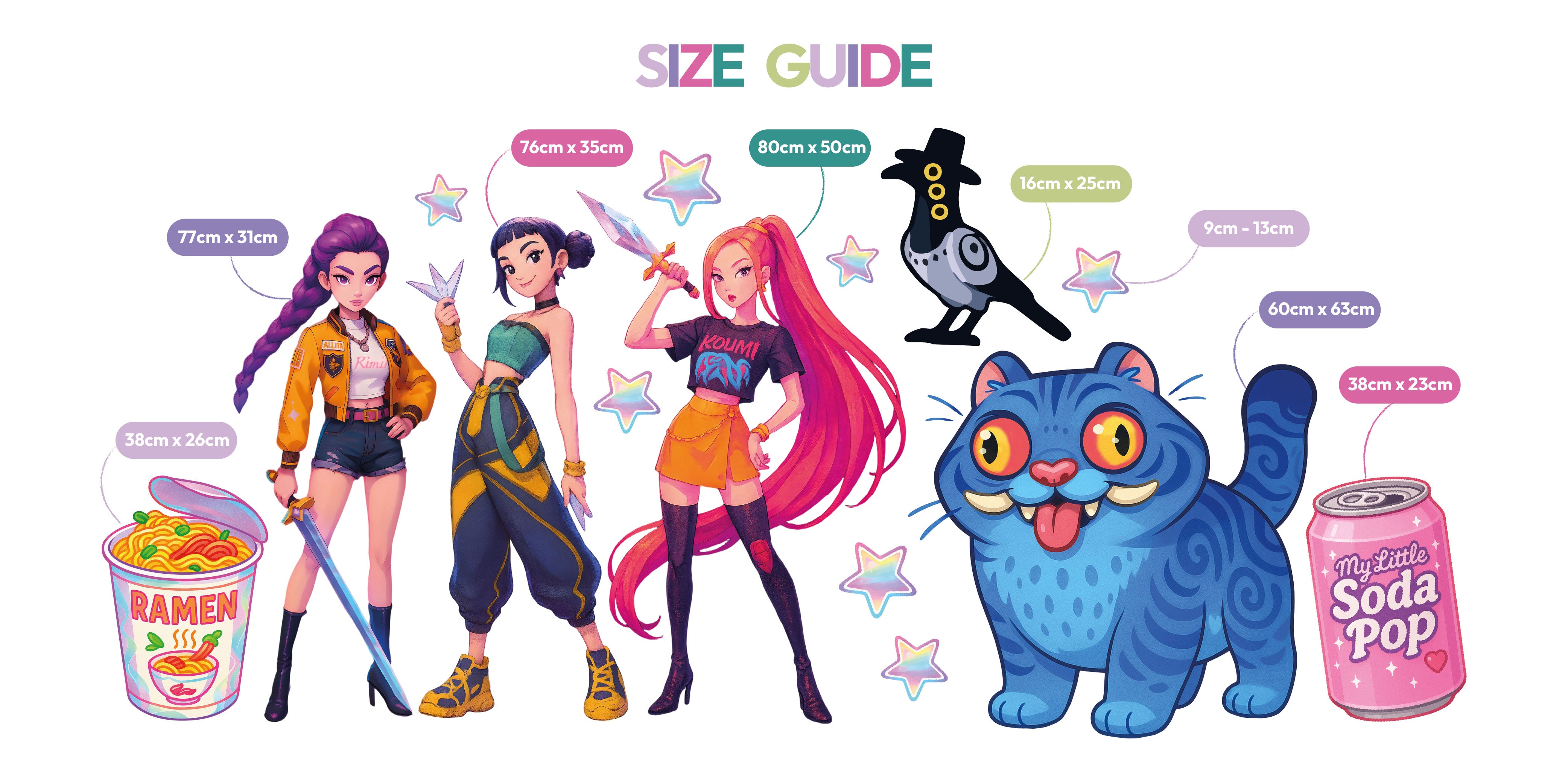 All Mini Girl Demon Hunters waterproof foamex cutouts size guide showing three girl warriors, blue tiger, ramen bowl, soda pop, bird, and star decorations with dimensions