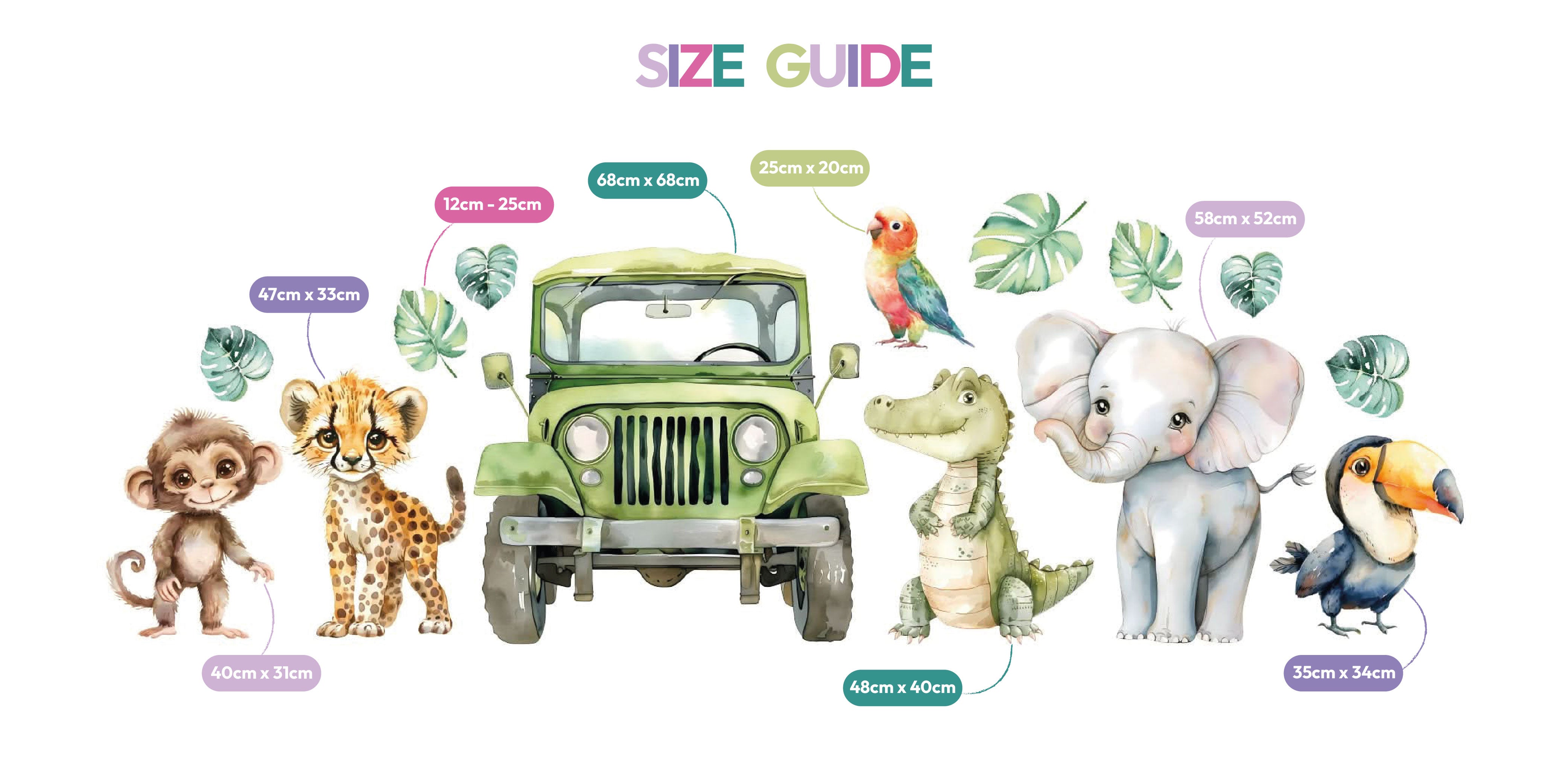 Size guide for Mini Jungle Bundle showing dimensions of each waterproof foamex cutout including jeep, elephant, crocodile, toucan, monkey, and leopard