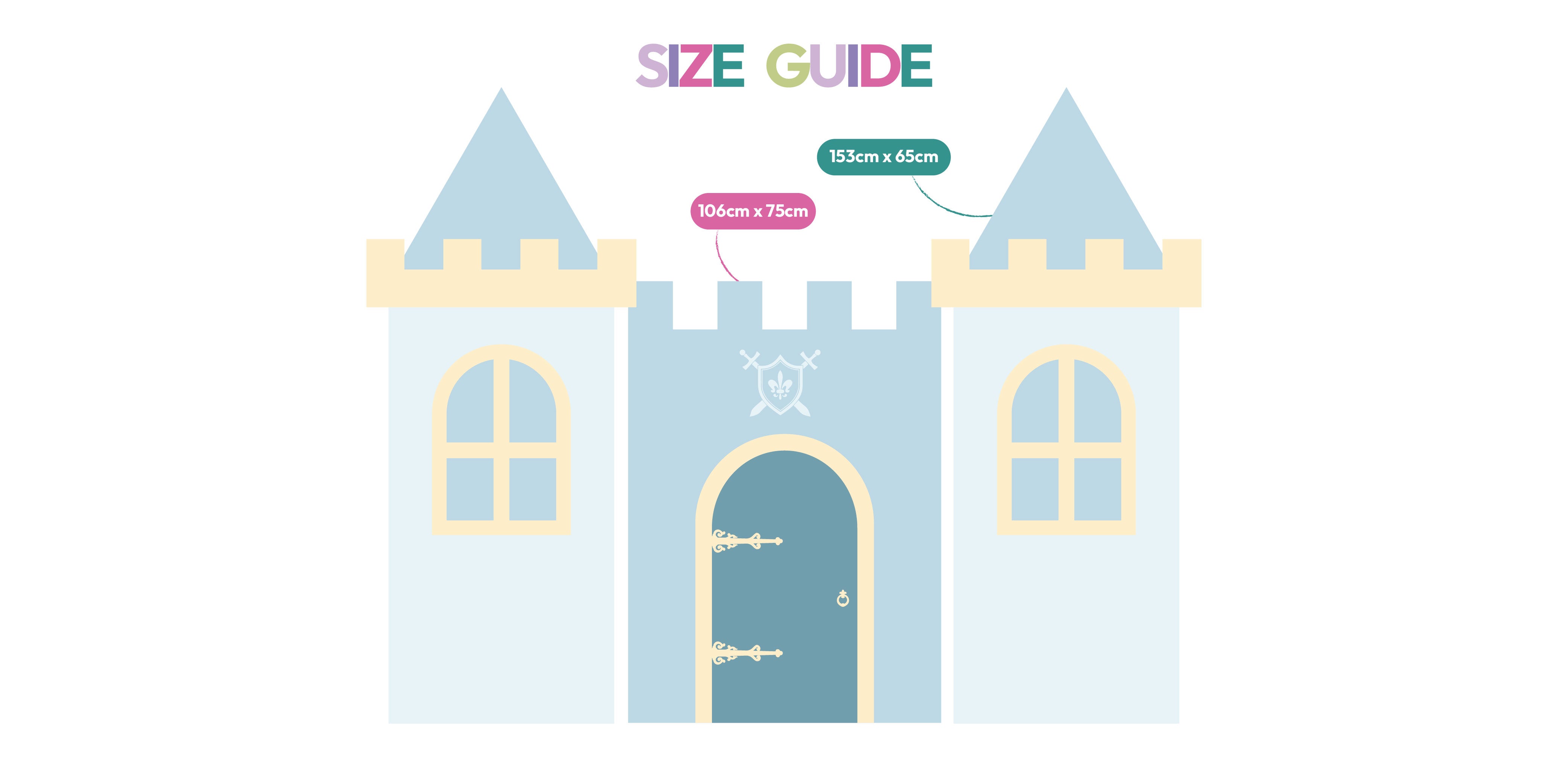 Knight Castle size guide showing all waterproof foamex castle pieces with dimensions including middle tower and two side towers medieval knight party prop