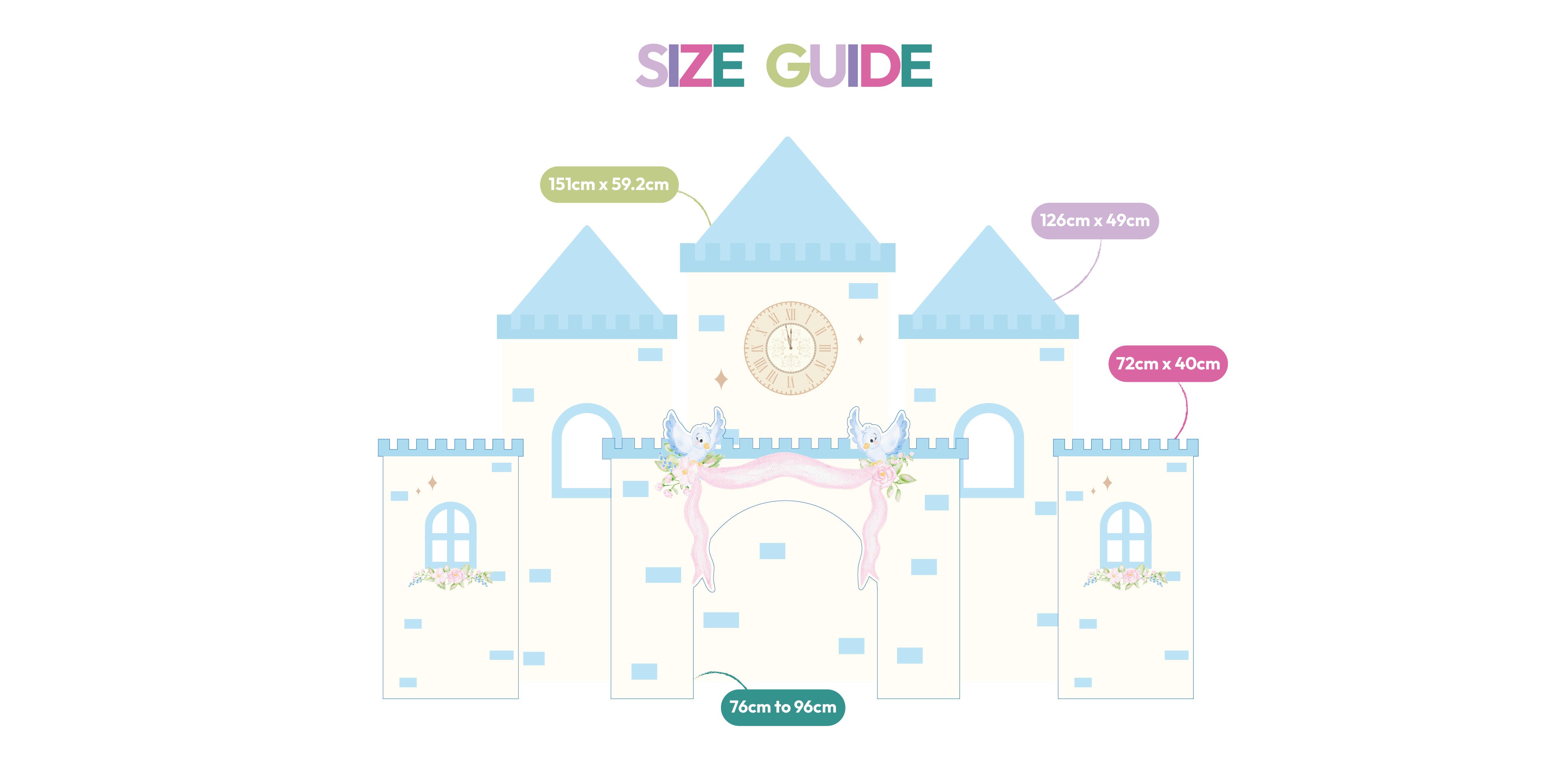 Midnight Castle size guide showing all waterproof foamex castle pieces with dimensions including clock tower, two side towers, and two front towers party prop