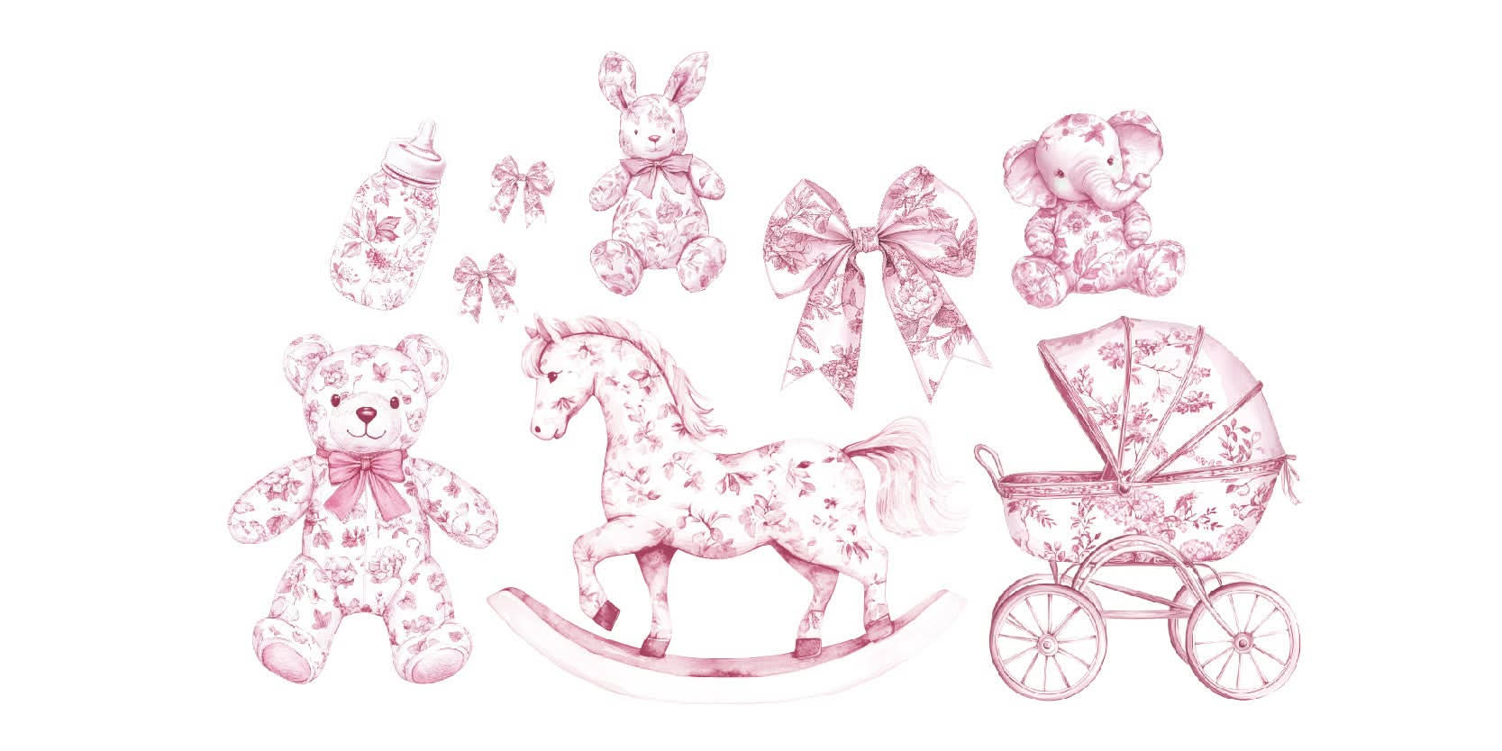 All Mini Pink Baby Set waterproof foamex cutouts displayed including pink floral rocking horse, teddy bears, bunny, stroller, baby bottle, and bow decorations