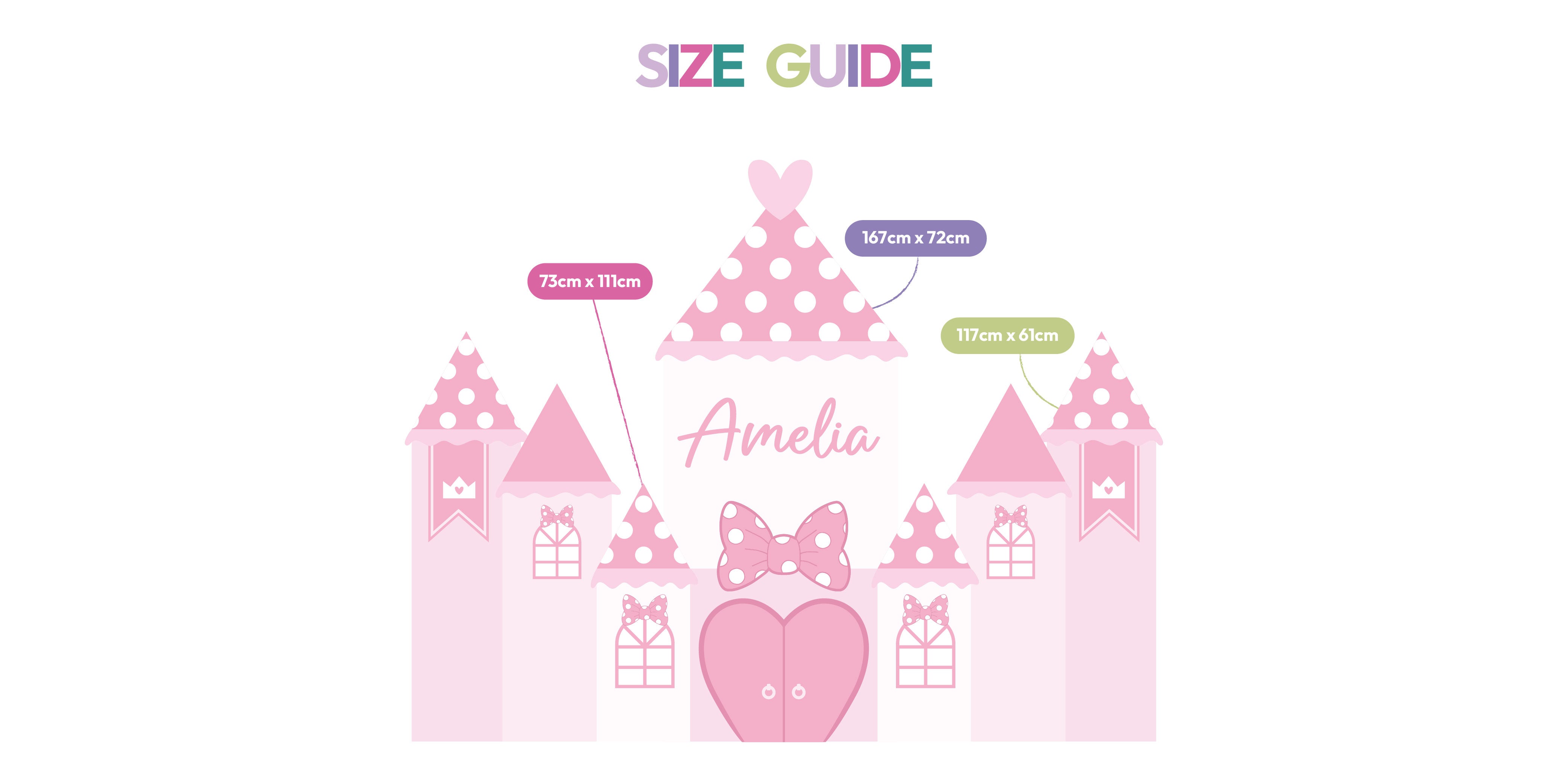 Pink Mouse Castle size guide showing all waterproof foamex castle pieces with dimensions including middle tower, side towers, and front towers princess party prop