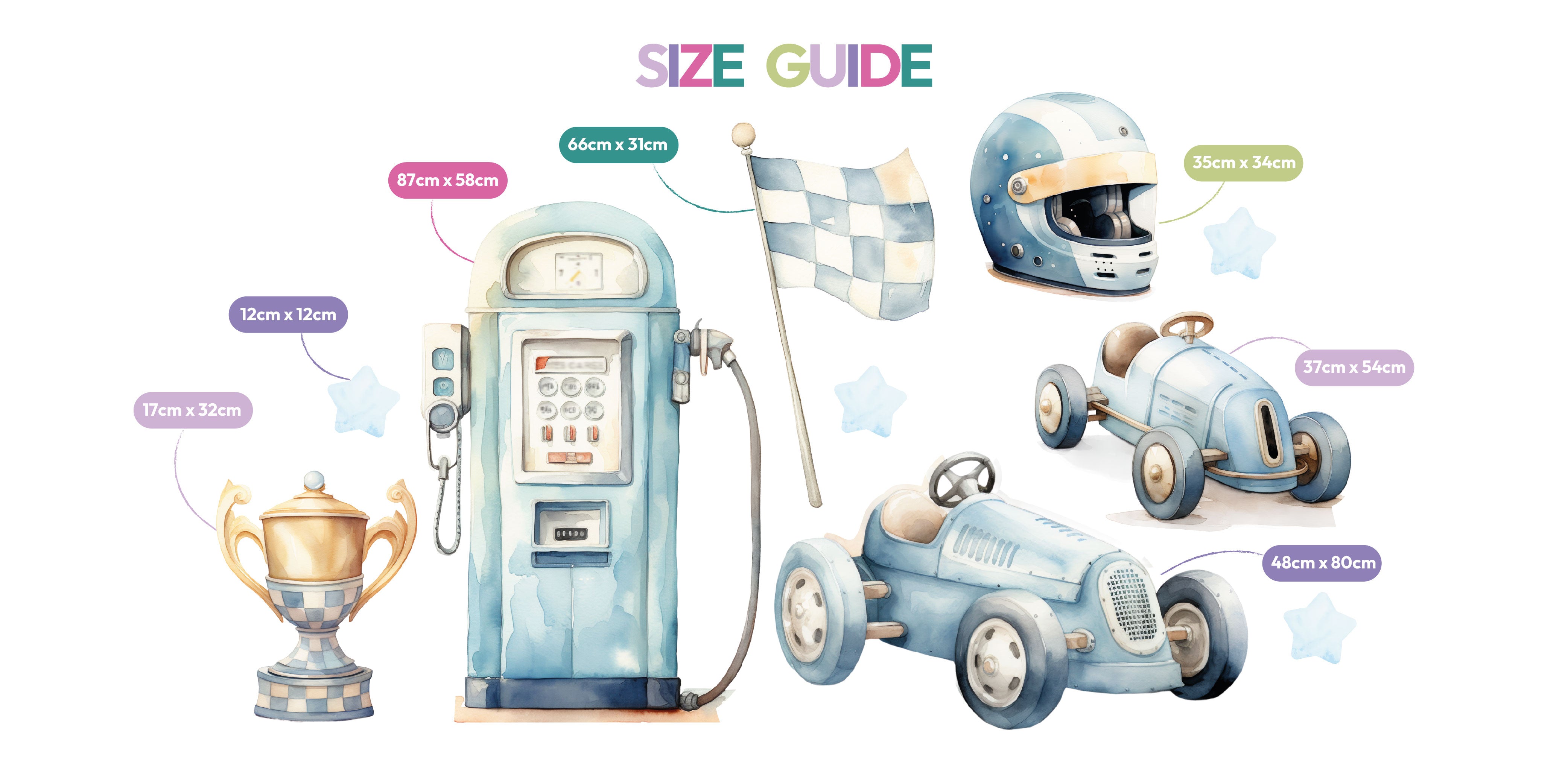 All Mini Blue Race Car waterproof foamex cutouts size guide showing petrol pump, checkered flag, racing helmet, trophy, stars, and two vintage race cars with dimensions