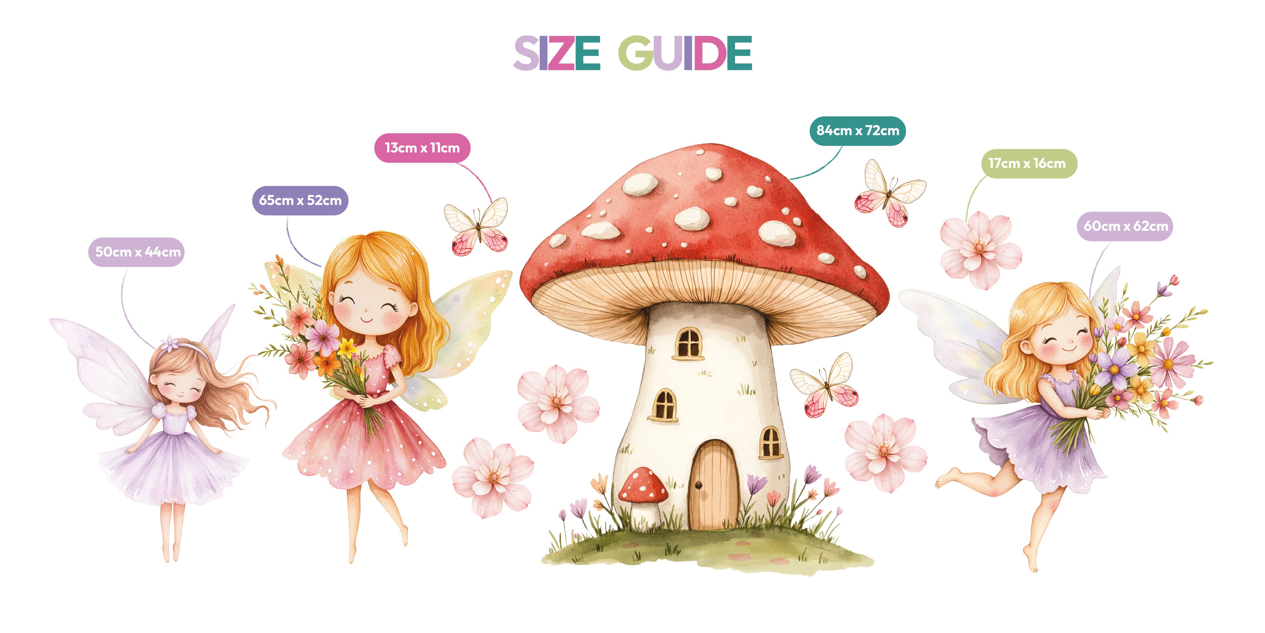 All Mini Spring Fairies waterproof foamex cutouts size guide showing mushroom house, purple flower fairy, pink flower fairy, and butterflies with dimensions