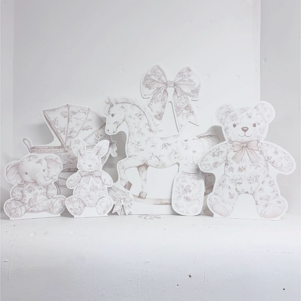 Mini Cream Baby Set Bundle featuring personalised waterproof foamex cutouts including cream floral rocking horse, stroller, teddy bear, bows, and baby bottle decorations
