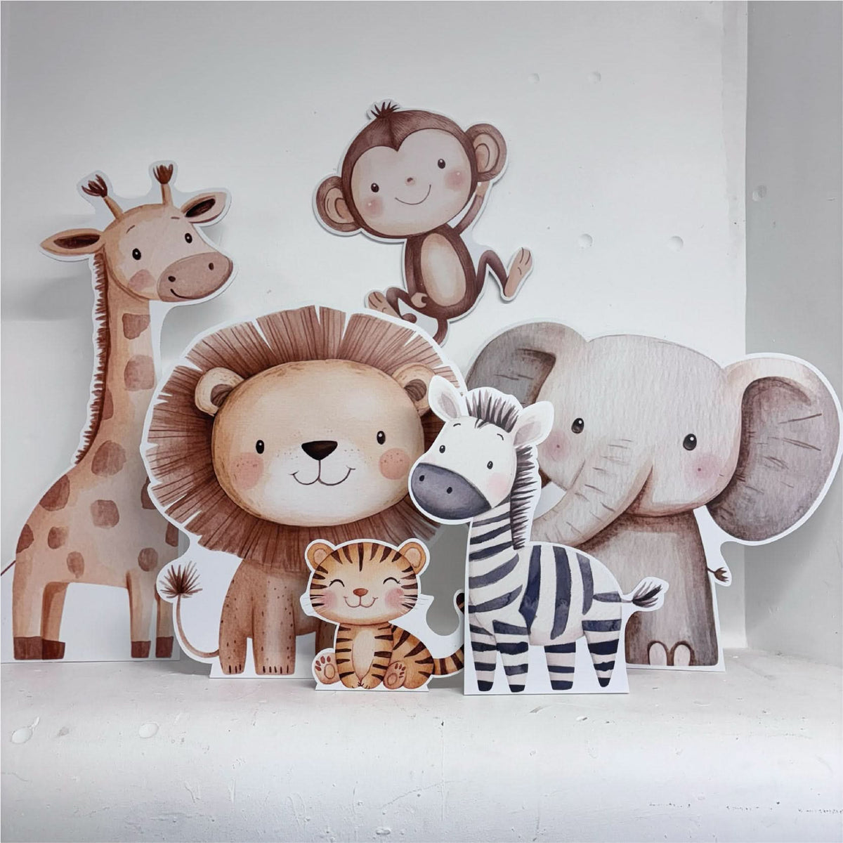 Mini Safari Friends Bundle featuring personalised waterproof foamex cutouts including giraffe, monkey, lion, elephant, tiger, and zebra safari animal decorations