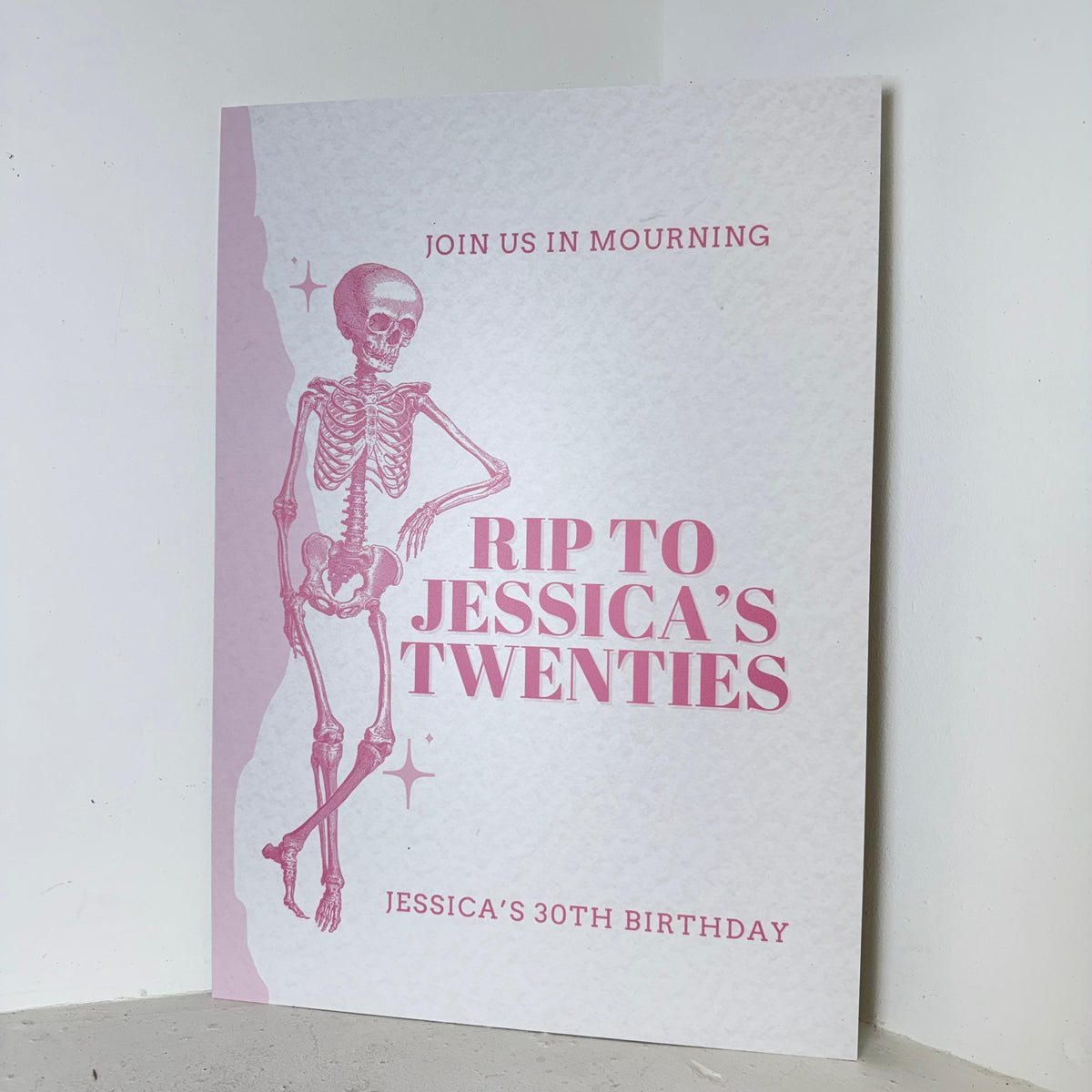 RIP Twenties personalised 30th birthday foamex easel sign with pink skeleton illustration and mourning theme by Zebra Print Events