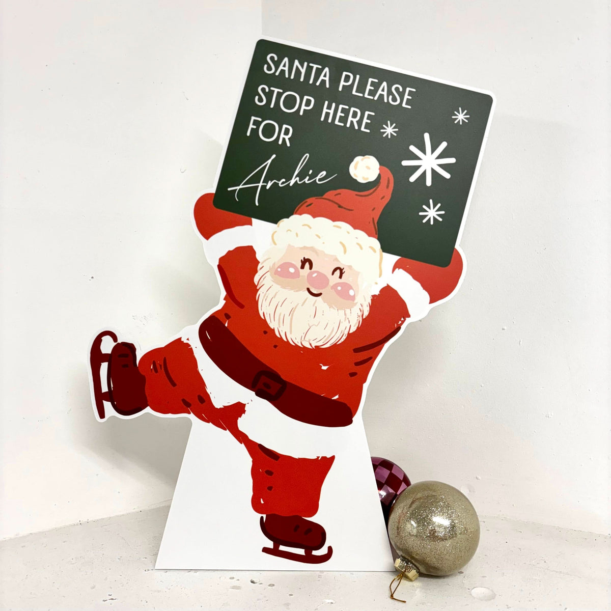 Personalised Santa Stop Here Sign - Retro Santa Edition - Front View | Zebra Print