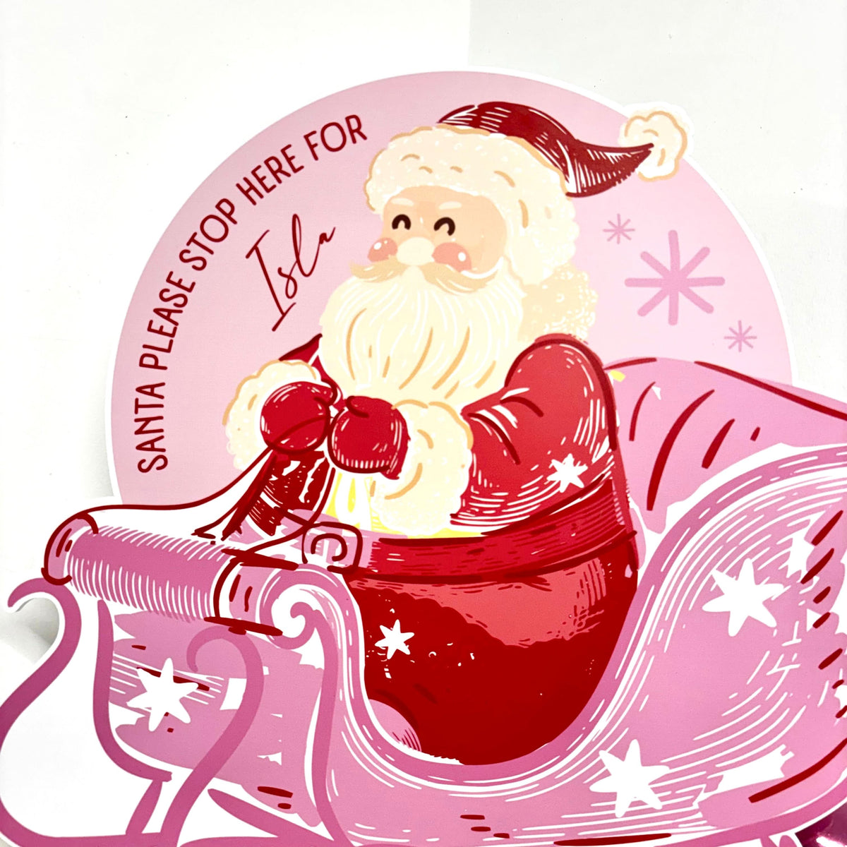 Personalised Santa Stop Here Sign - Bright Pink Sleigh Edition - Lifestyle Photo | Zebra Print