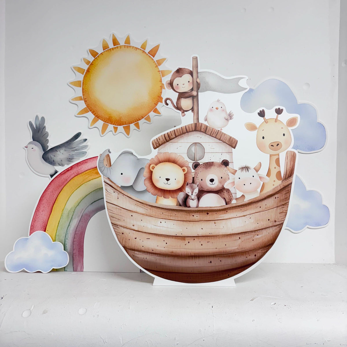 Mini Noah's Ark Bundle featuring personalised waterproof foamex cutouts including ark with animals, rainbow, sunshine, and clouds with lion, bear, giraffe, and monkey