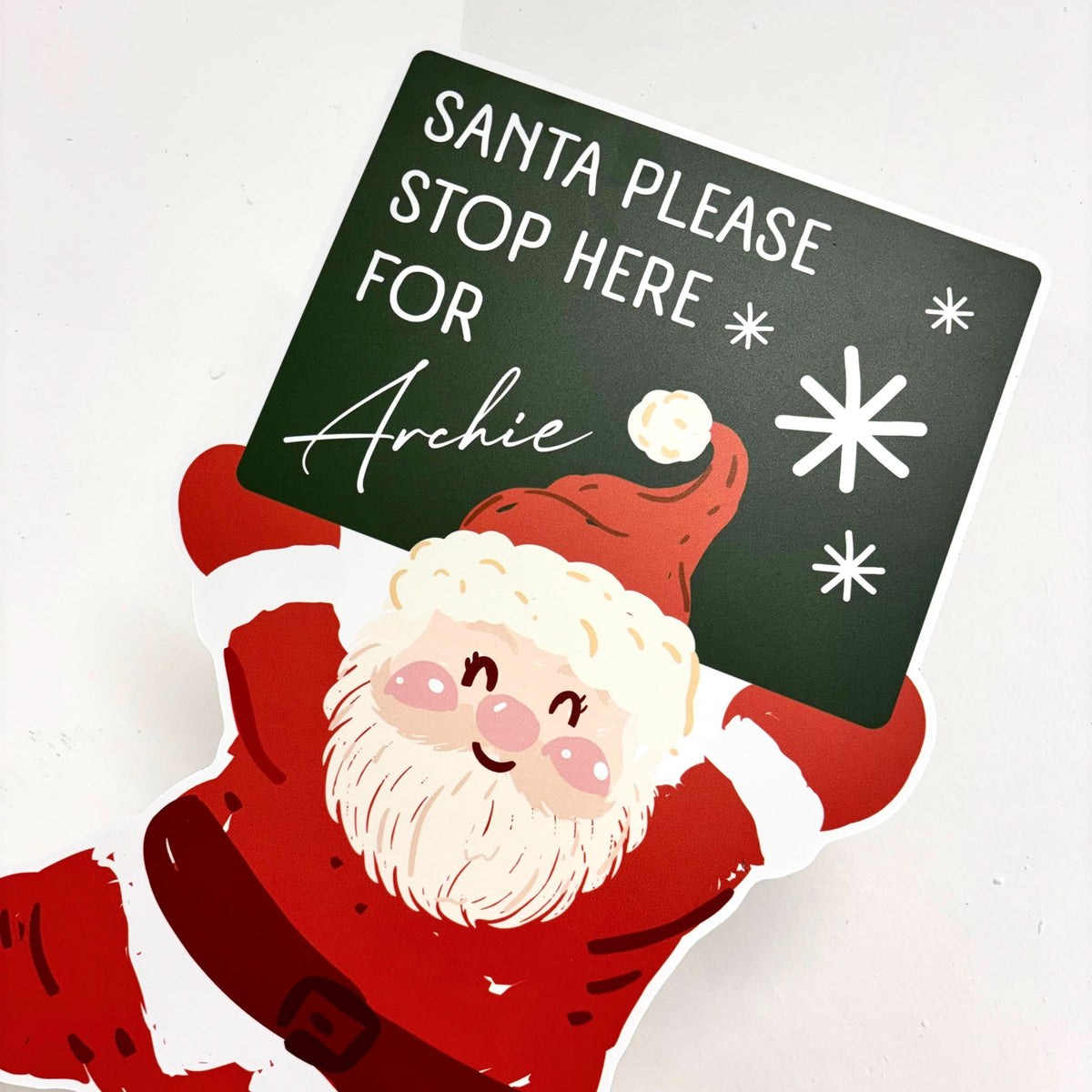 Personalised Santa Stop Here Sign - Retro Santa Edition - Lifestyle Photo | Zebra Print