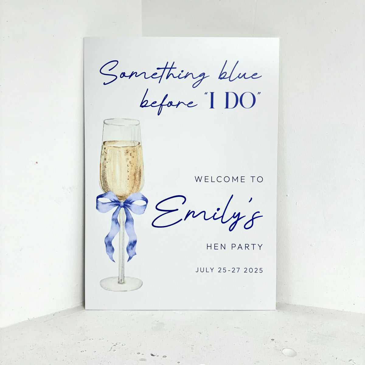Something Blue Before I Do personalised hen party easel sign with champagne glass and blue bow design on waterproof foamex board