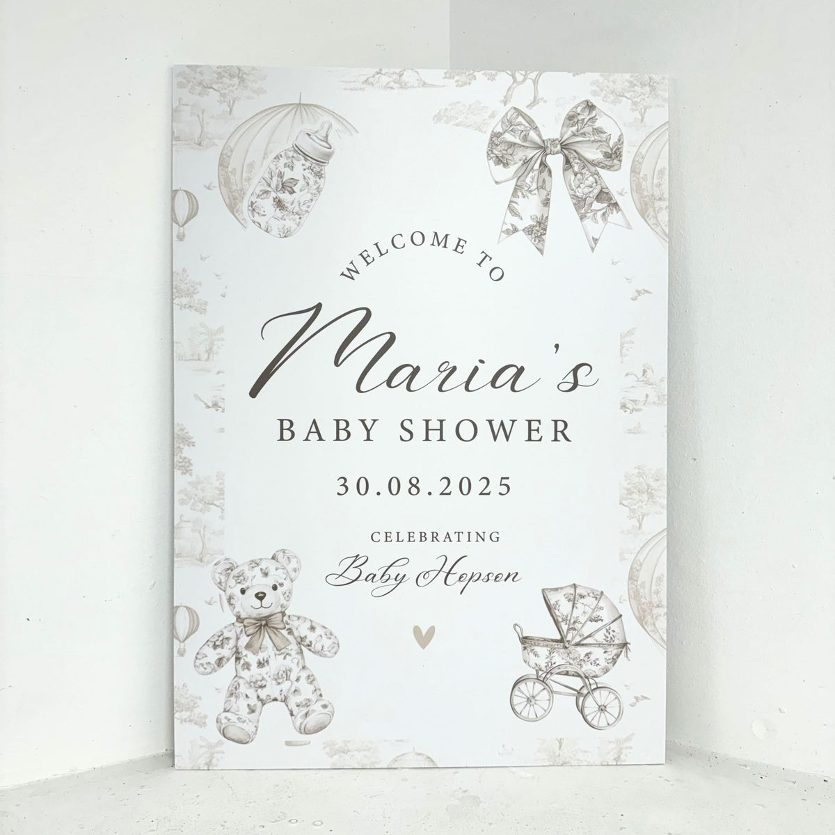 Cream Baby Shower Easel Sign with teddy bear, vintage pram, bow, and personalised name and date - waterproof foamex baby shower welcome sign by Zebra Print Events