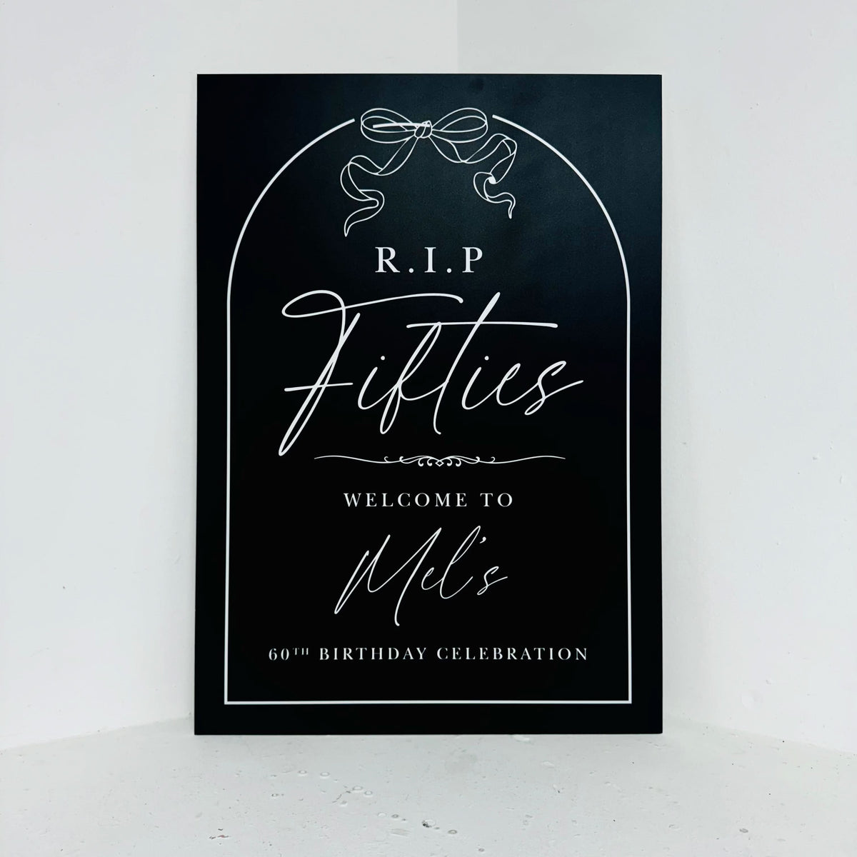 RIP Another Century Easel Sign with elegant dark arch design, R.I.P. Fifties text and personalised birthday celebration details - waterproof foamex sign by Zebra Print Events