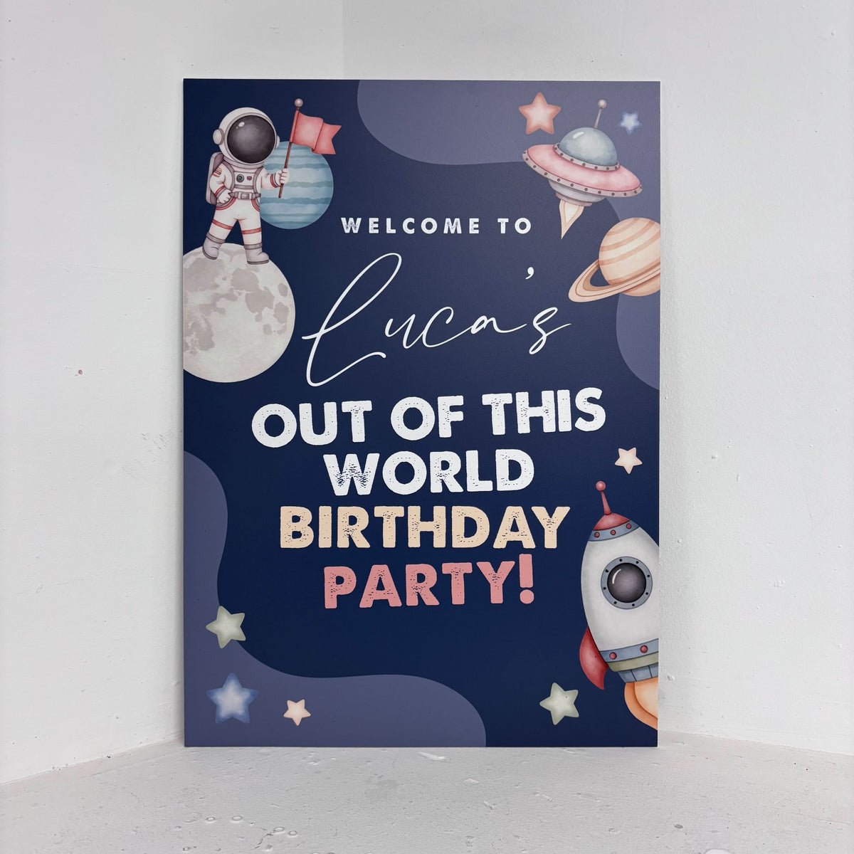 Out of This World personalised birthday easel sign with space theme, astronaut, rocket, and planets on waterproof foamex board by Zebra Print Events
