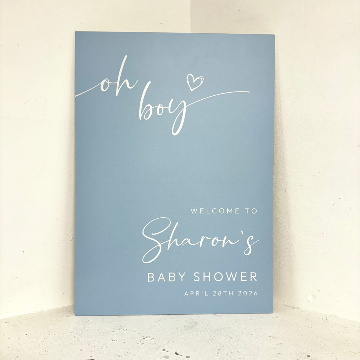 Oh Boy personalised baby shower welcome easel sign in dusty blue with custom name and date printed on waterproof foamex board