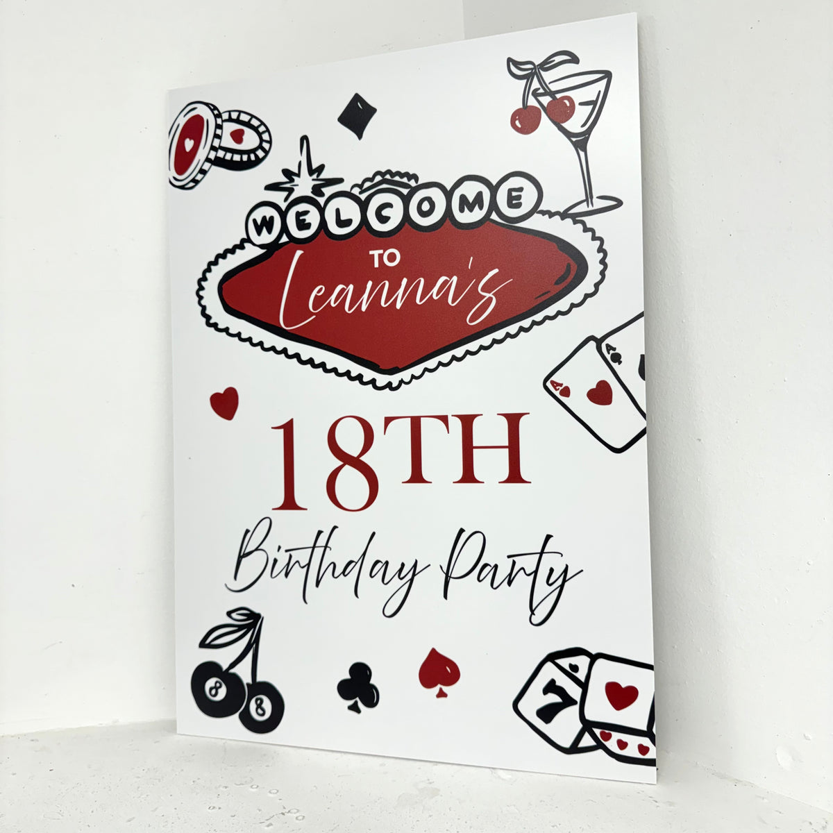 Close-up of Las Vegas casino themed foamex party welcome sign with personalised name and age detail
