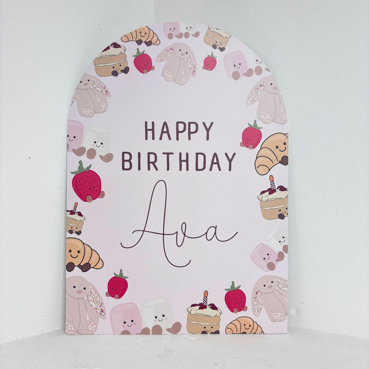Jelly Teddies personalised birthday easel sign with cute jelly bear, strawberry and cupcake illustrations in arch shape on waterproof foamex board